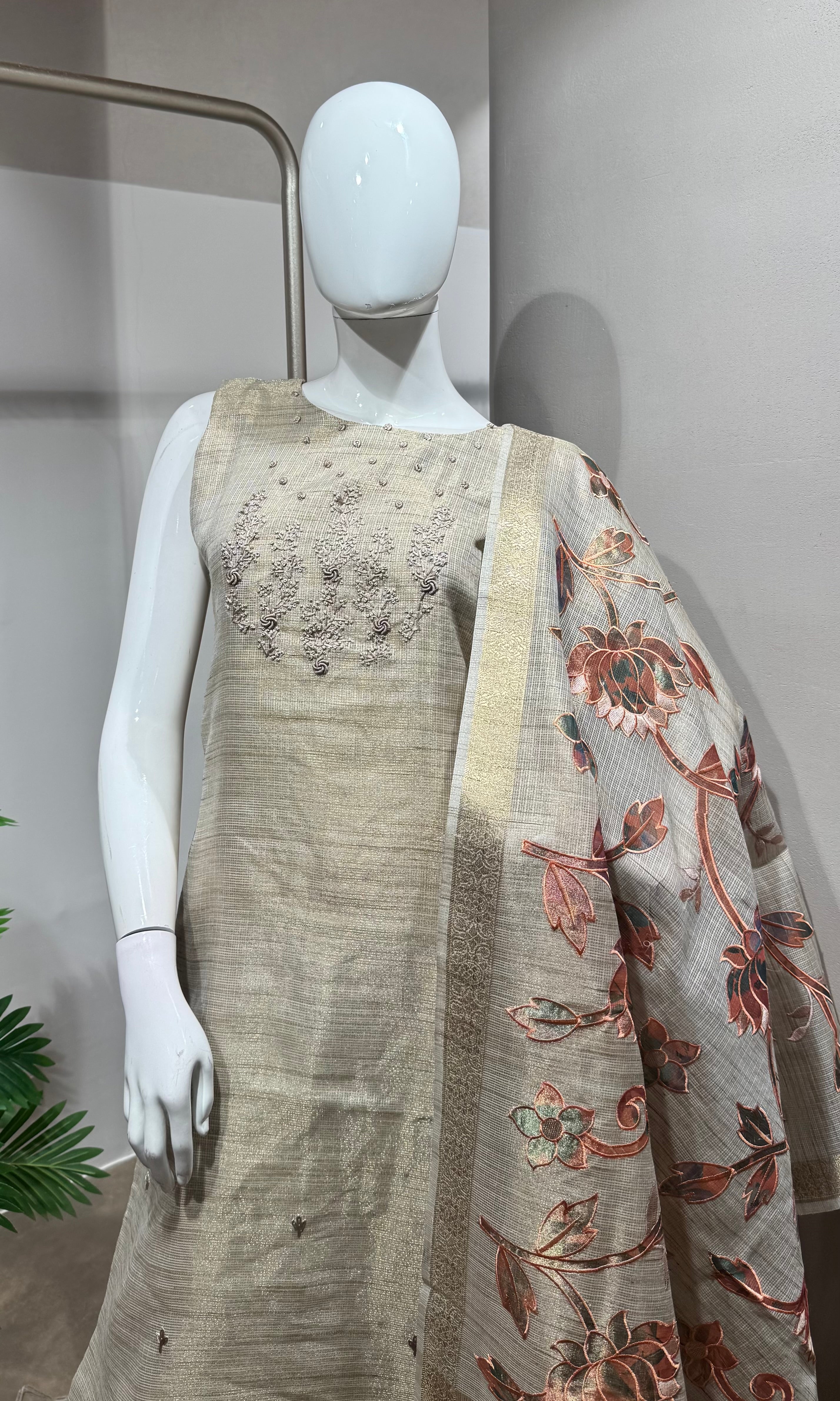 cream kurta set with floral printed dupatta