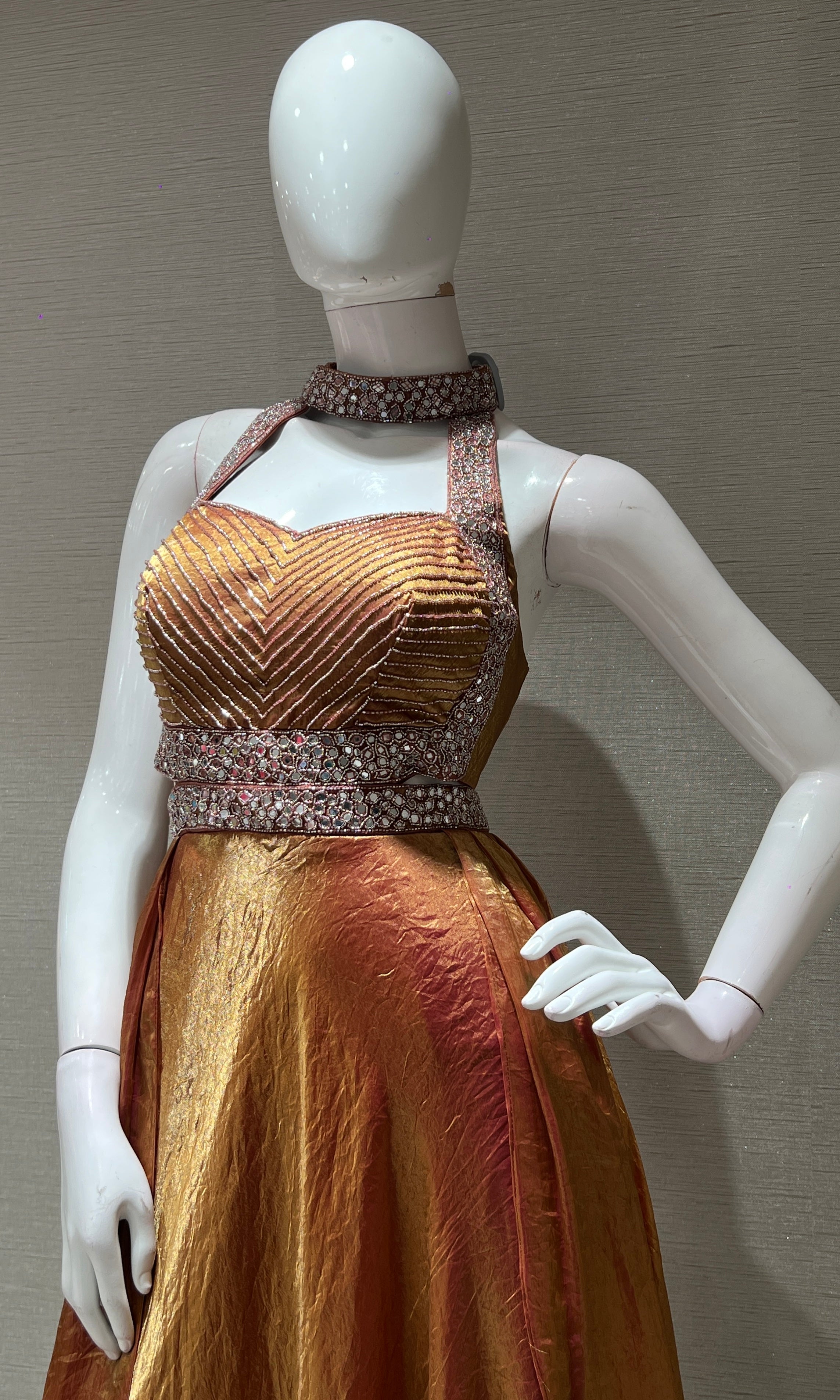 Rust HALTER NECK EMBELLISHED LONG GOWN