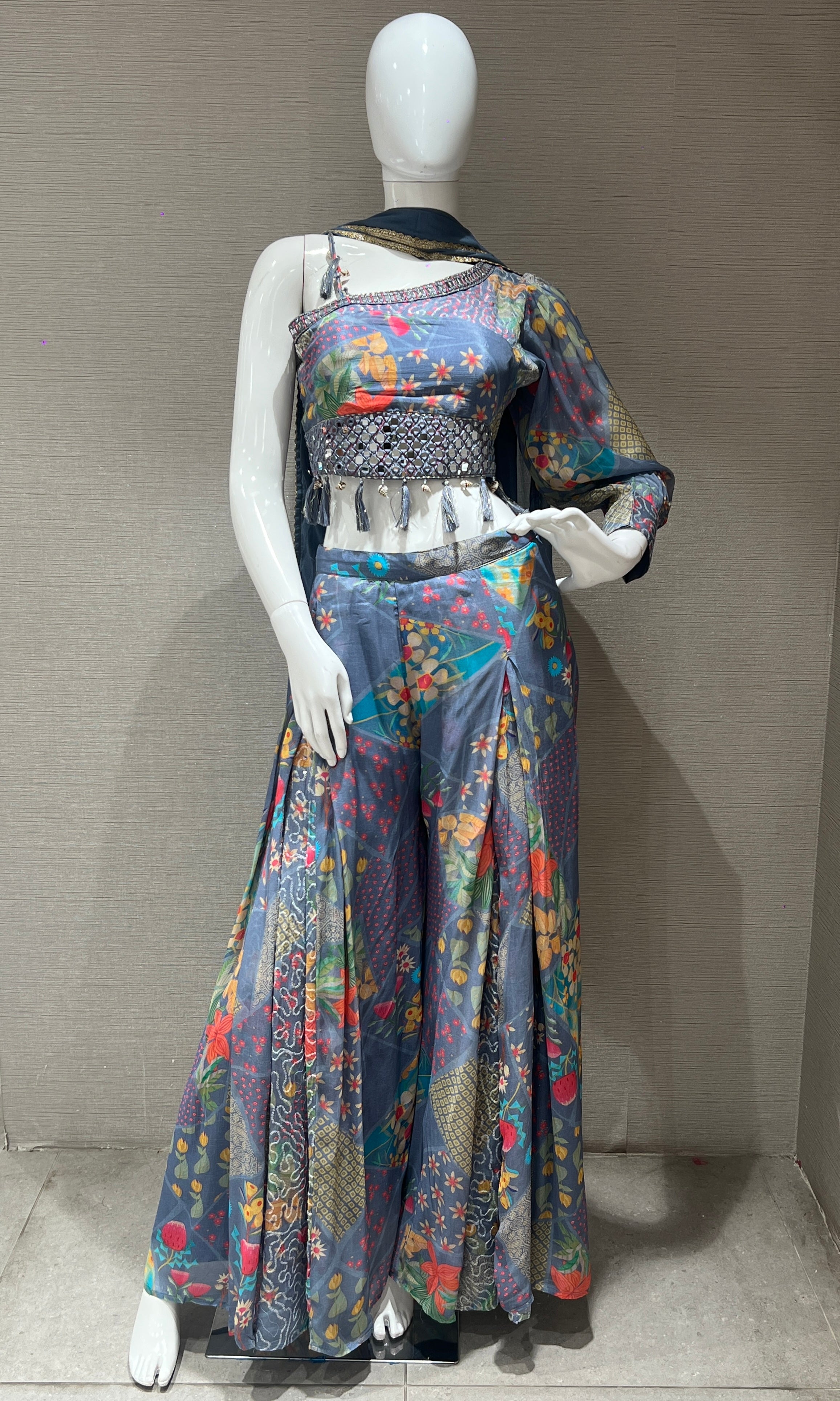 L Blue one shoulder crop top with palazzo