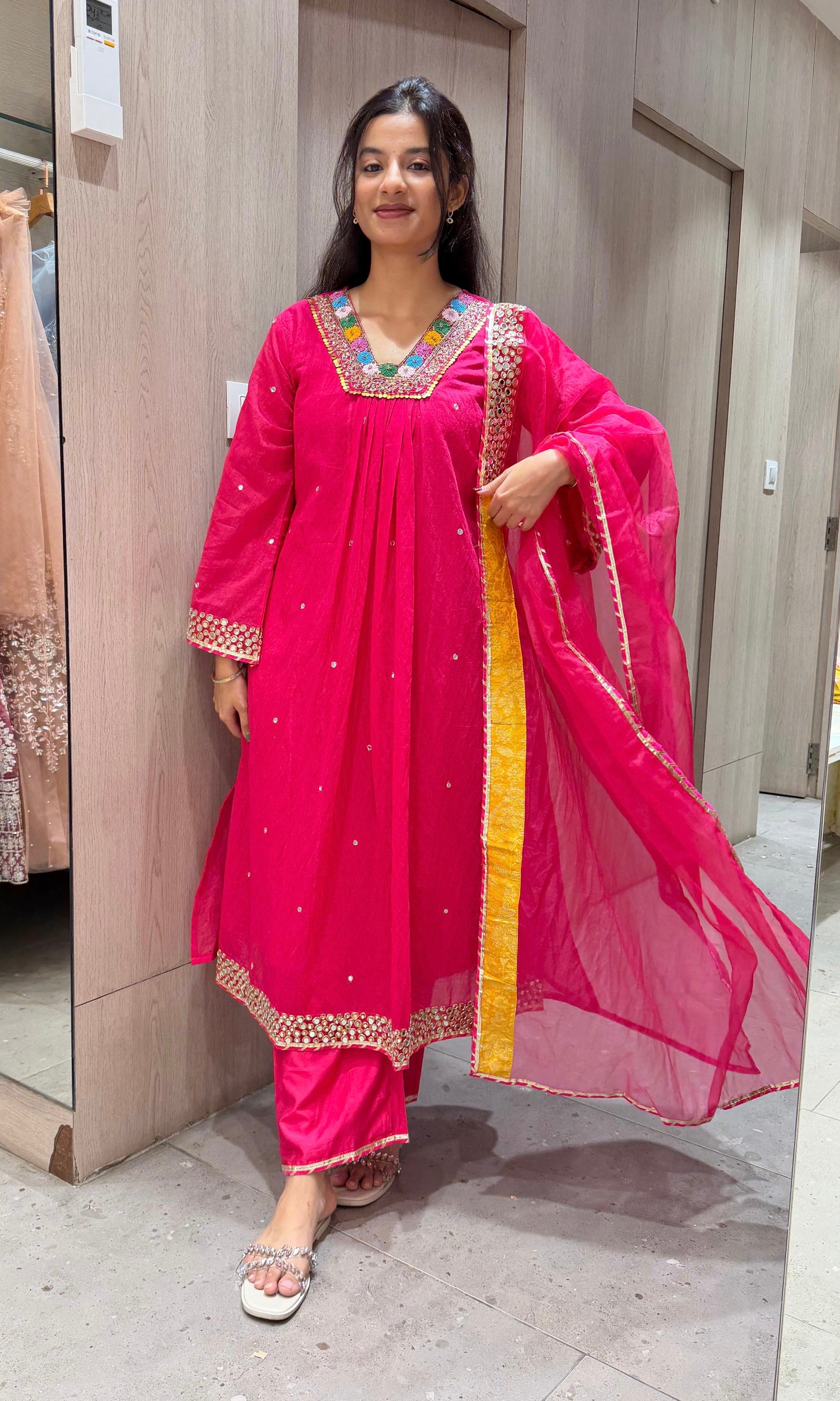 RANI PINK FLORAL NECK A LINE kurta set