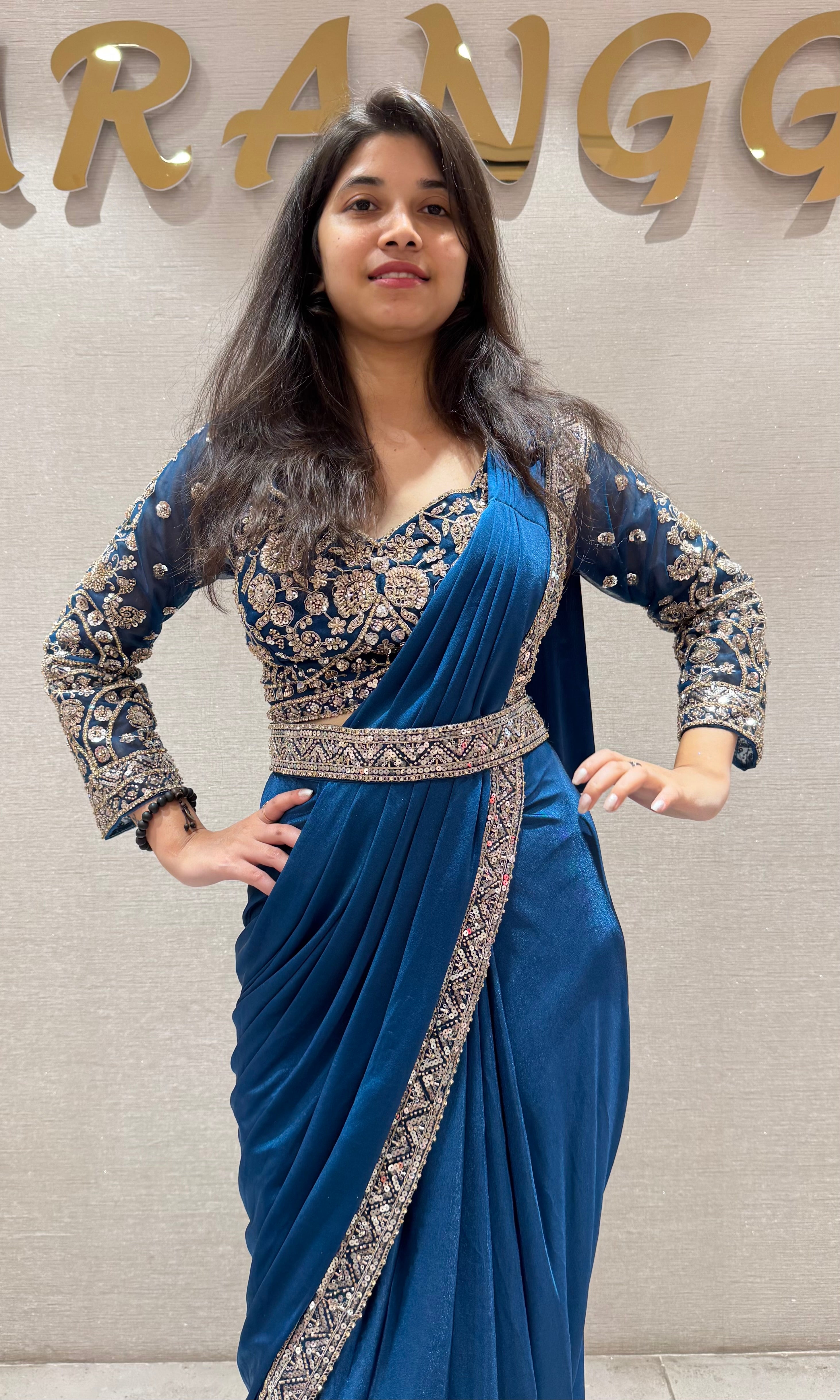 Blue drape saree WITH EMBROIDERED BLOUSE