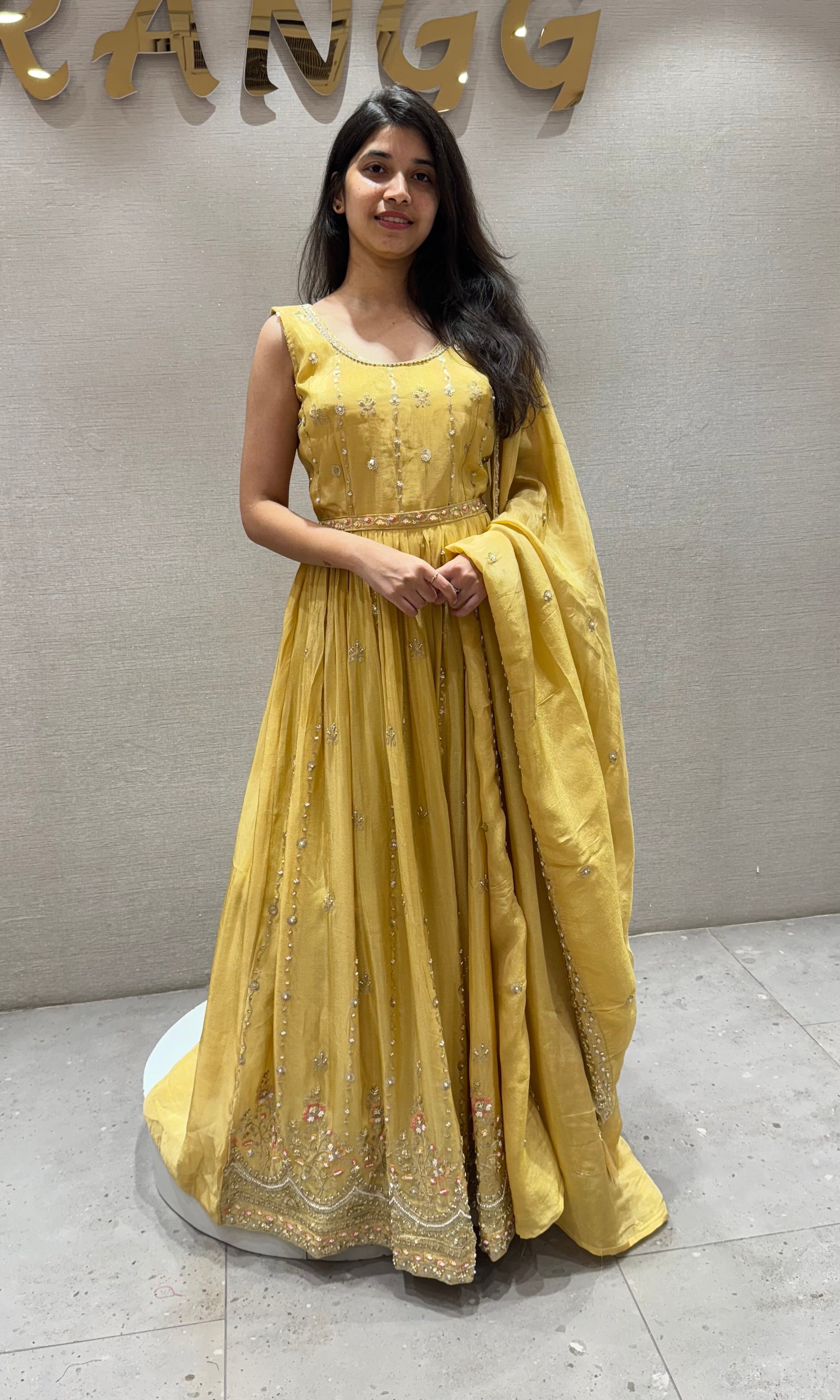 Light yellow golden embroidery anarkali