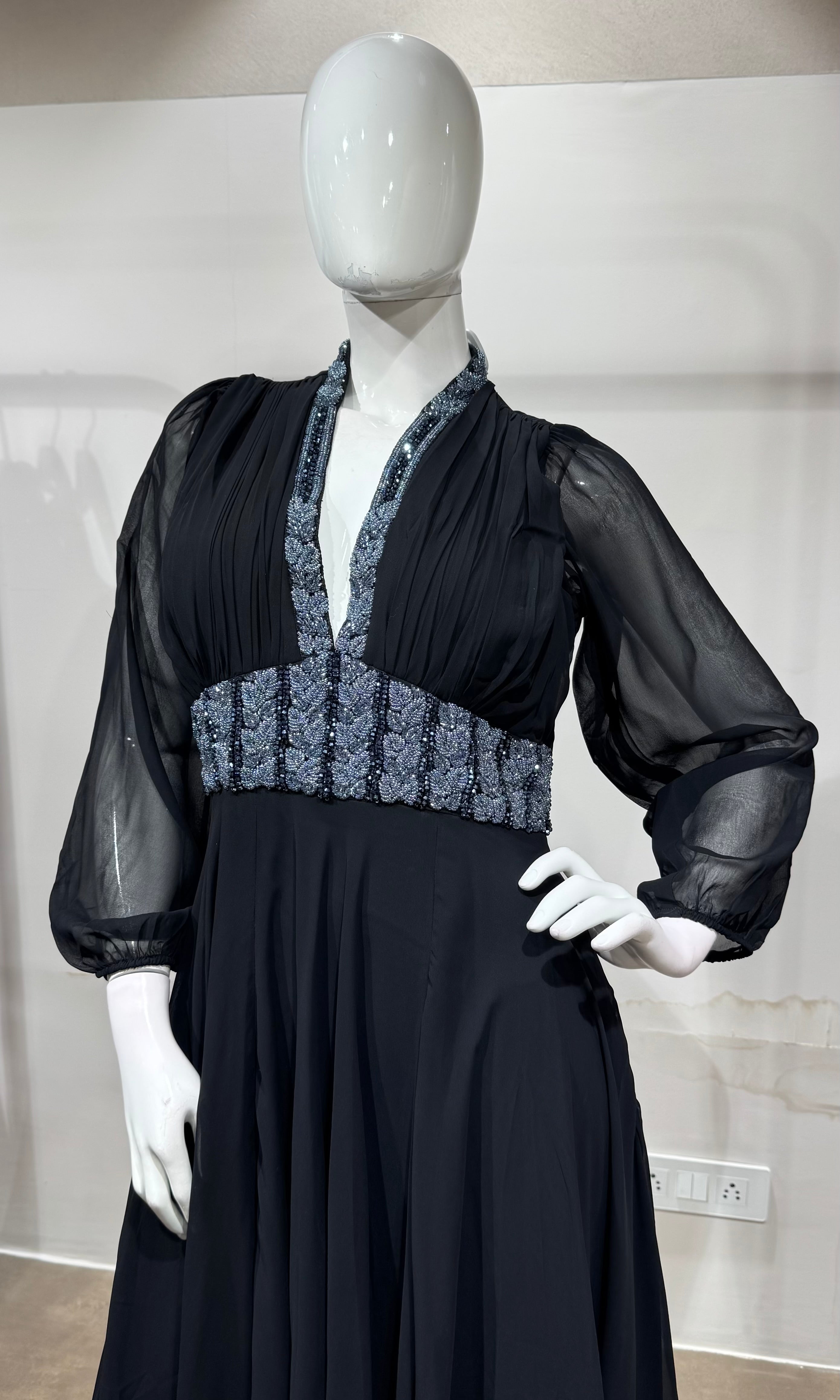 Black Georgette Gown with Silver Embroidery