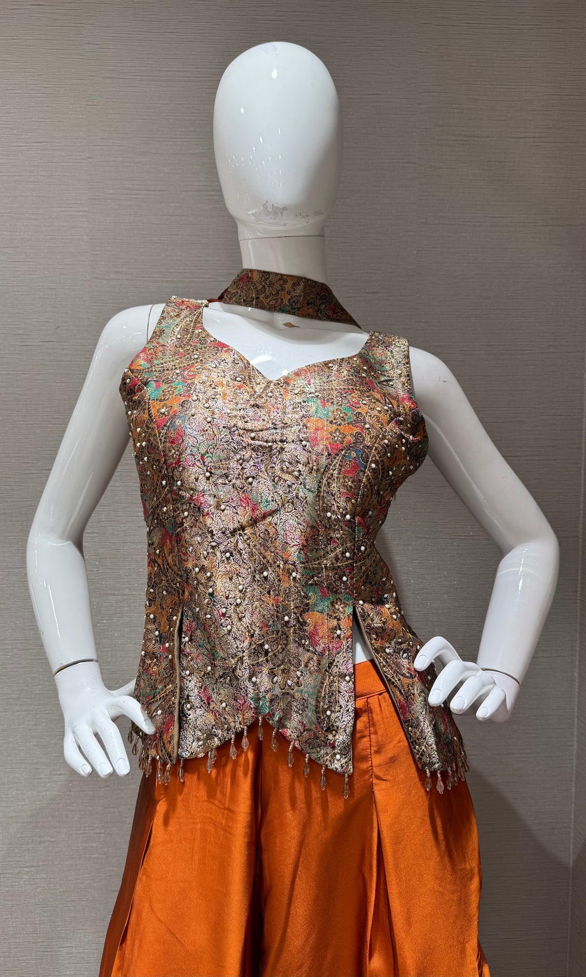 RUST Orange Silk Embroidered peplum palazzo set