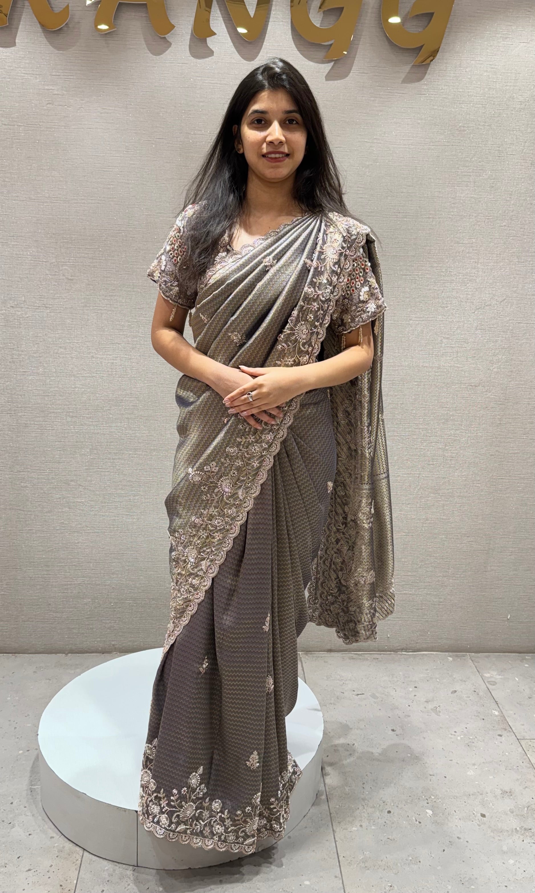 Grey FLORAL saree WITH READY BLOUSE
