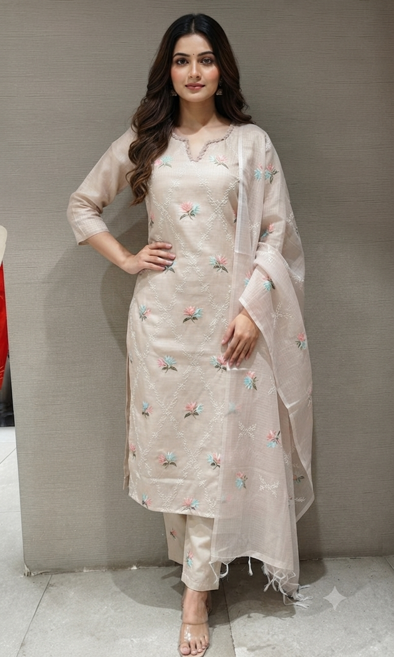 Ivory Floral Organza Kurta Set with Dupatta