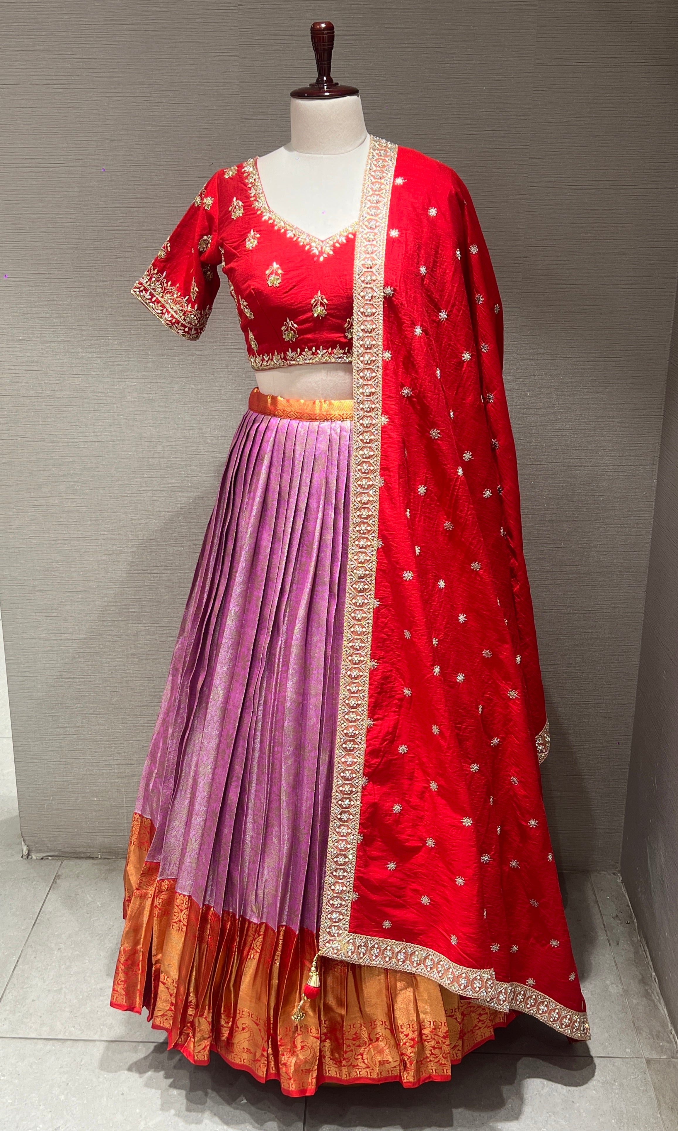Lavender & Red LEHENGA WITH RAW SILK DUPATTA
