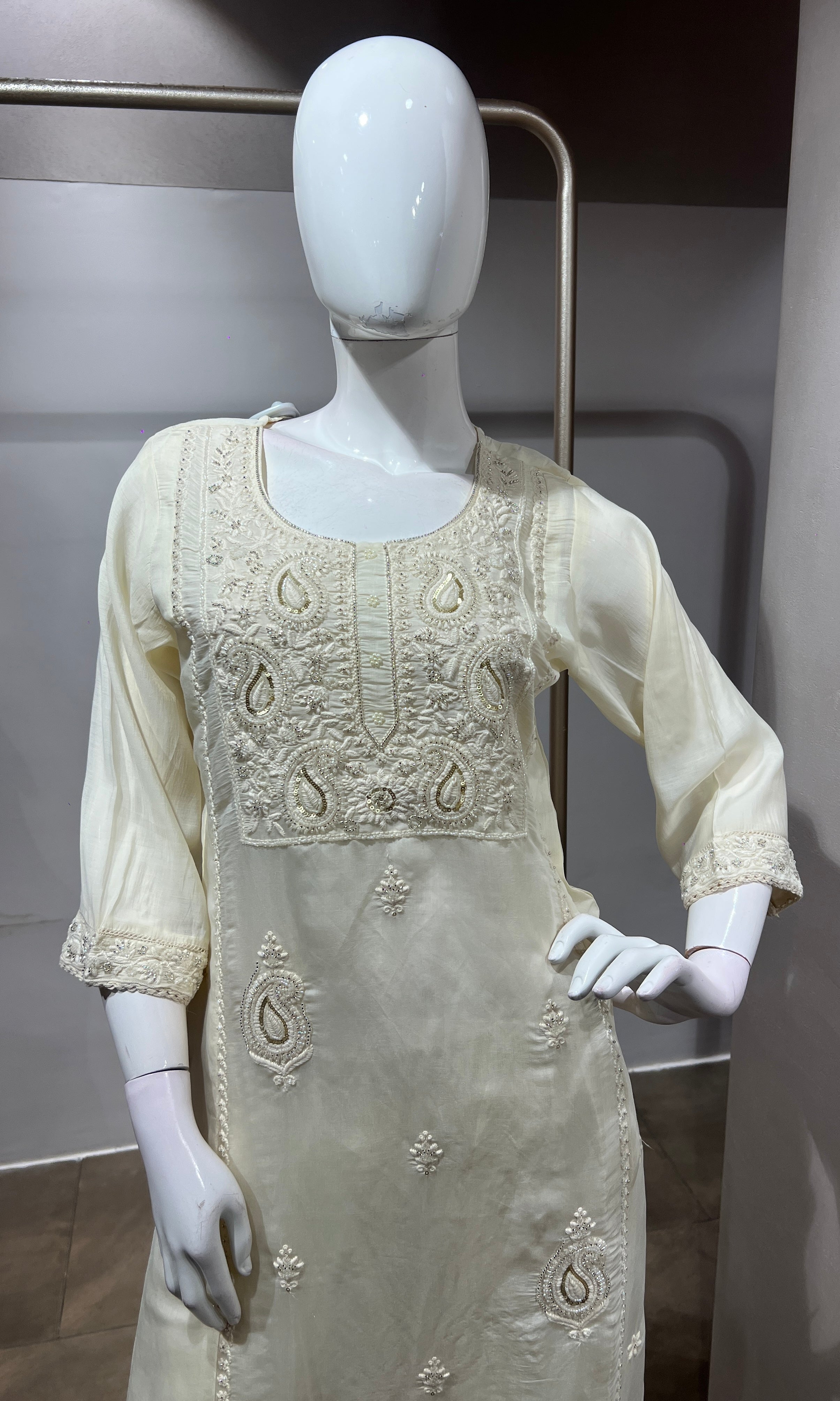 Half White Chanderi Silk Kurta Suit Set