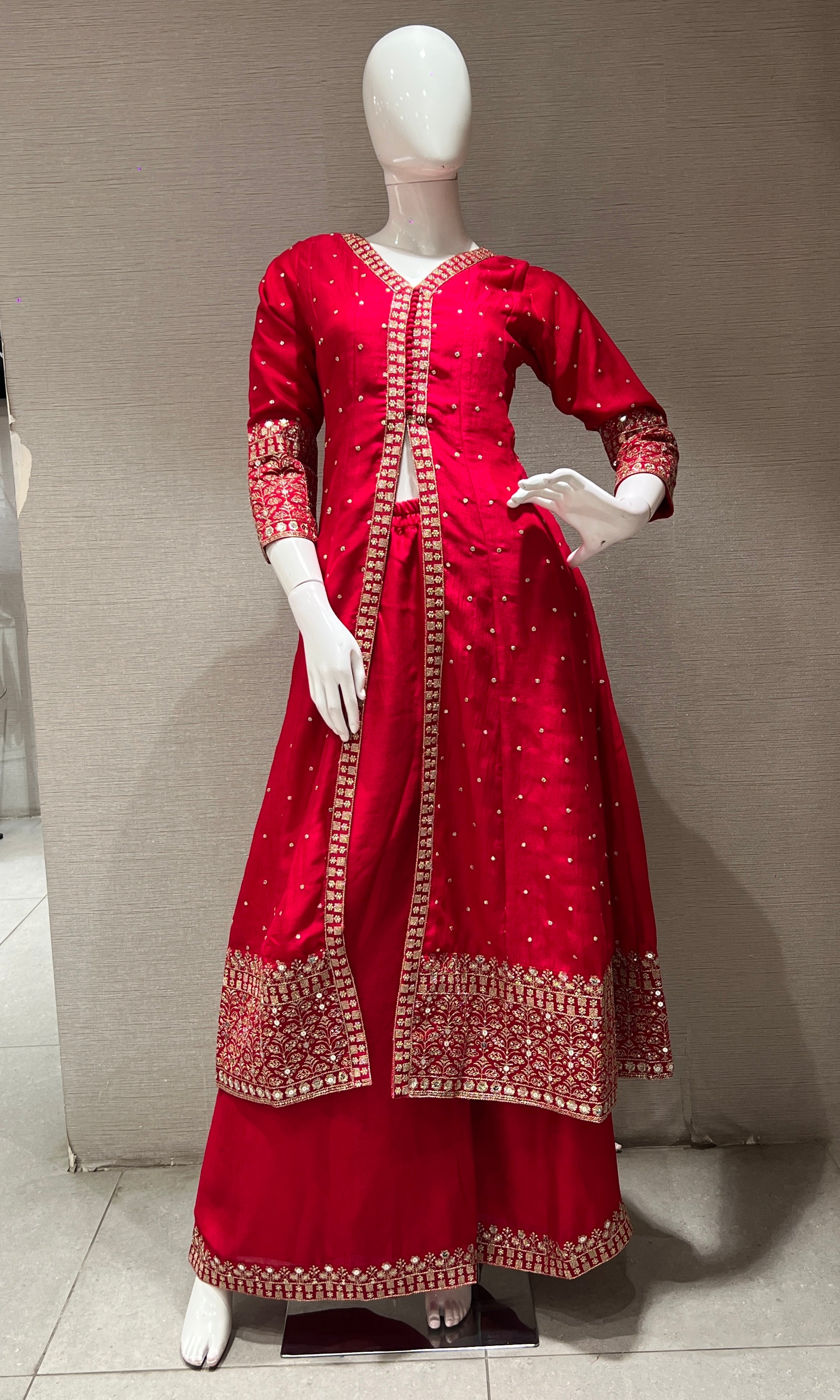 Red embroidered front slit Anarkali