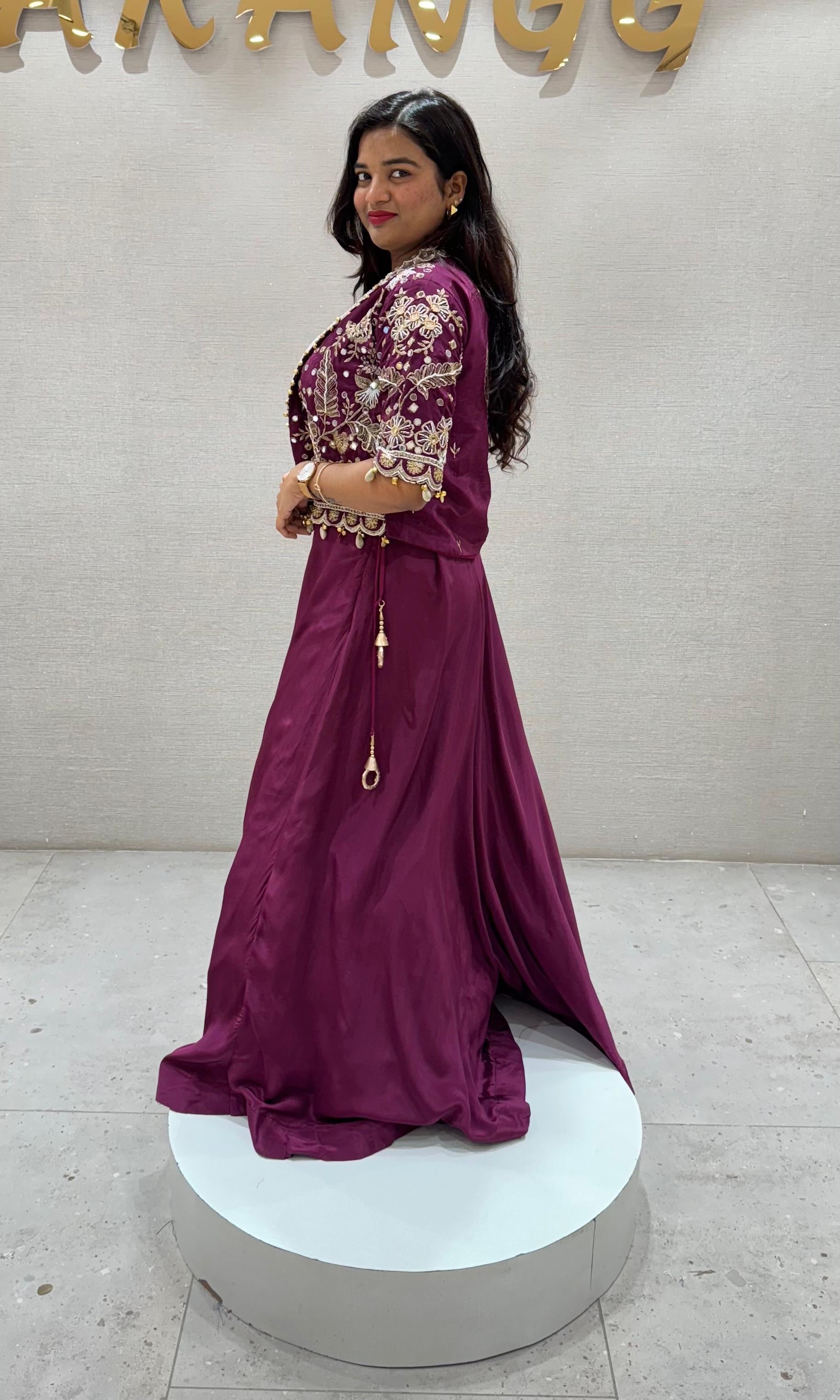 Wine Lehenga with Embellished Crop Jacket