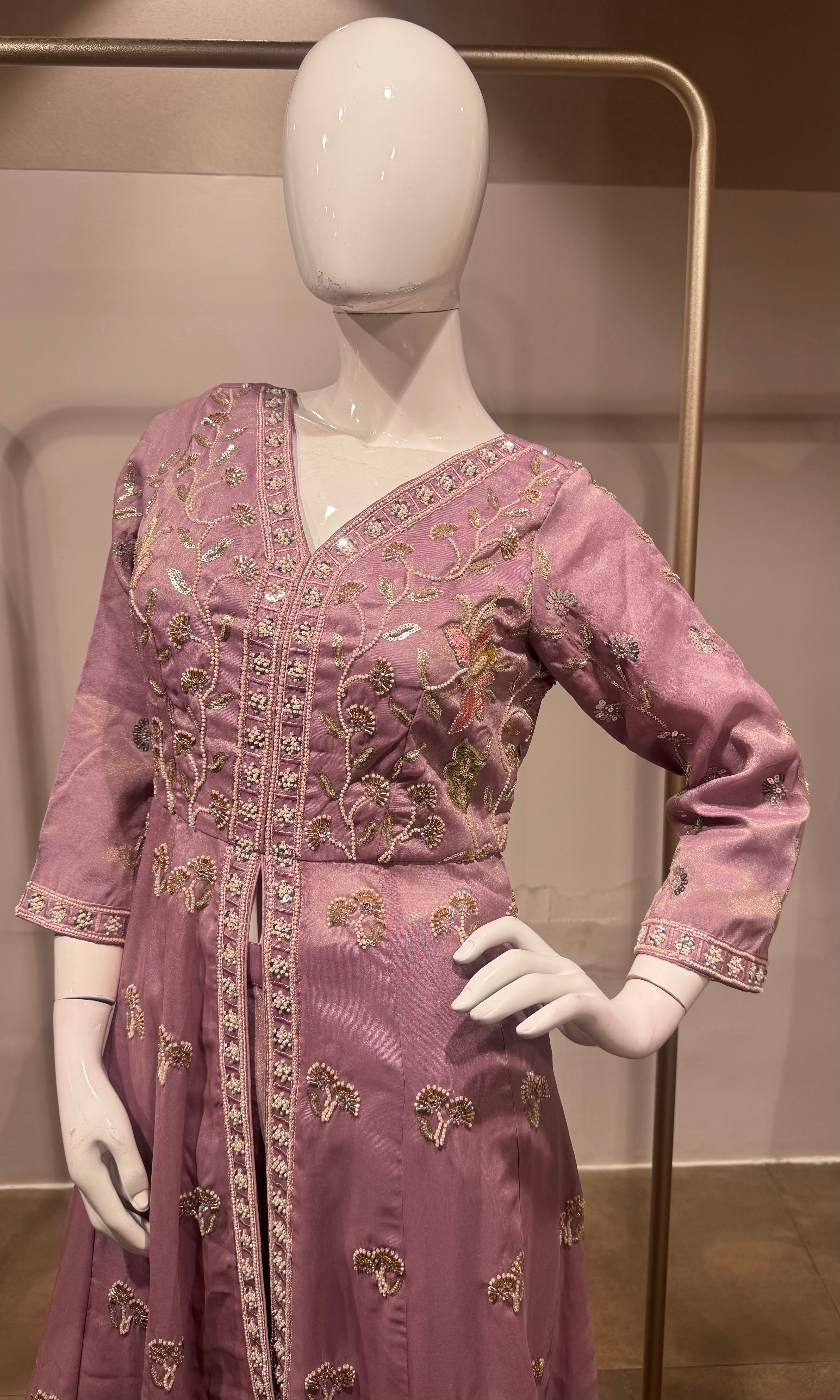 Lavender floral front slit Anarkali set