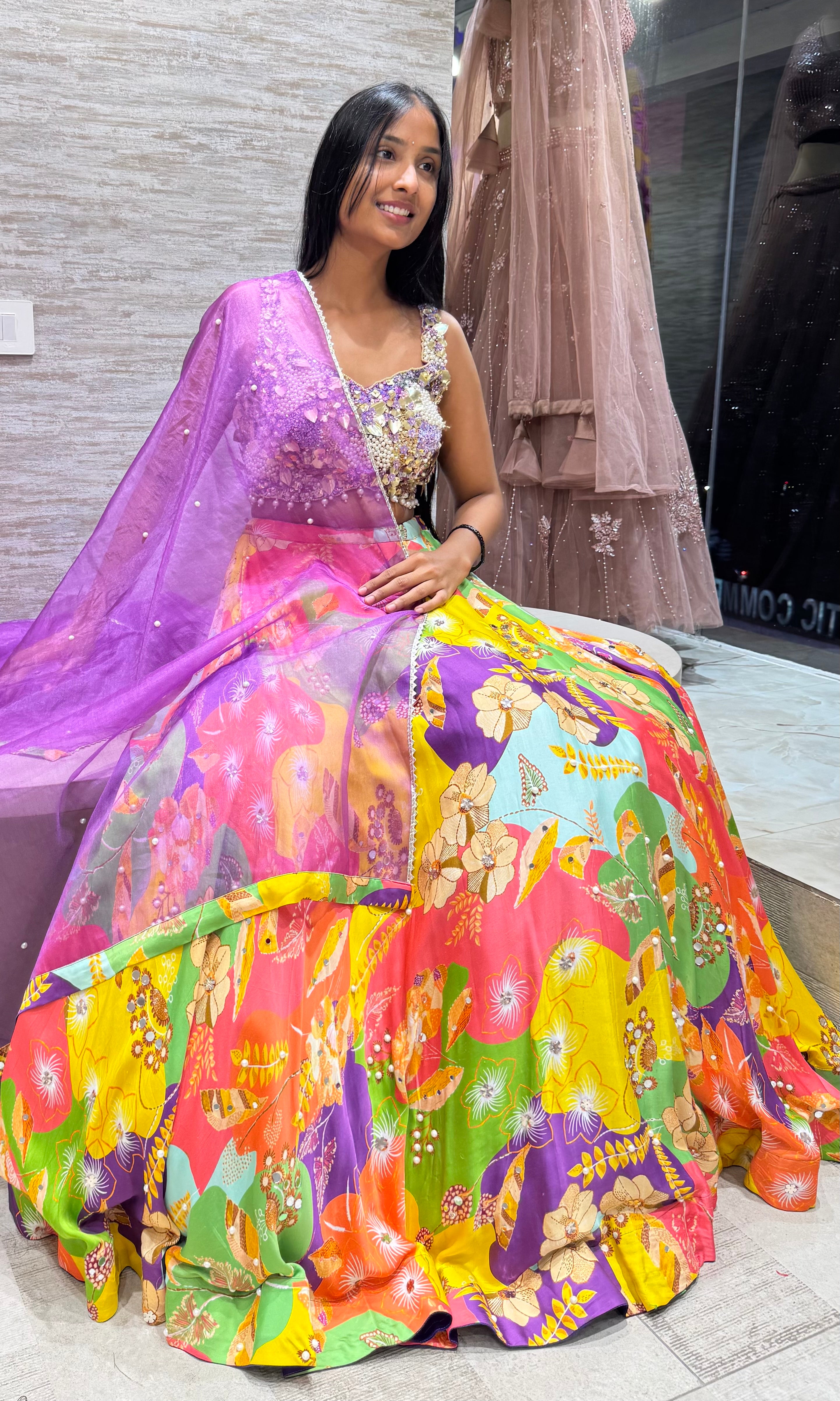 Purple multi colour floral Lehenga