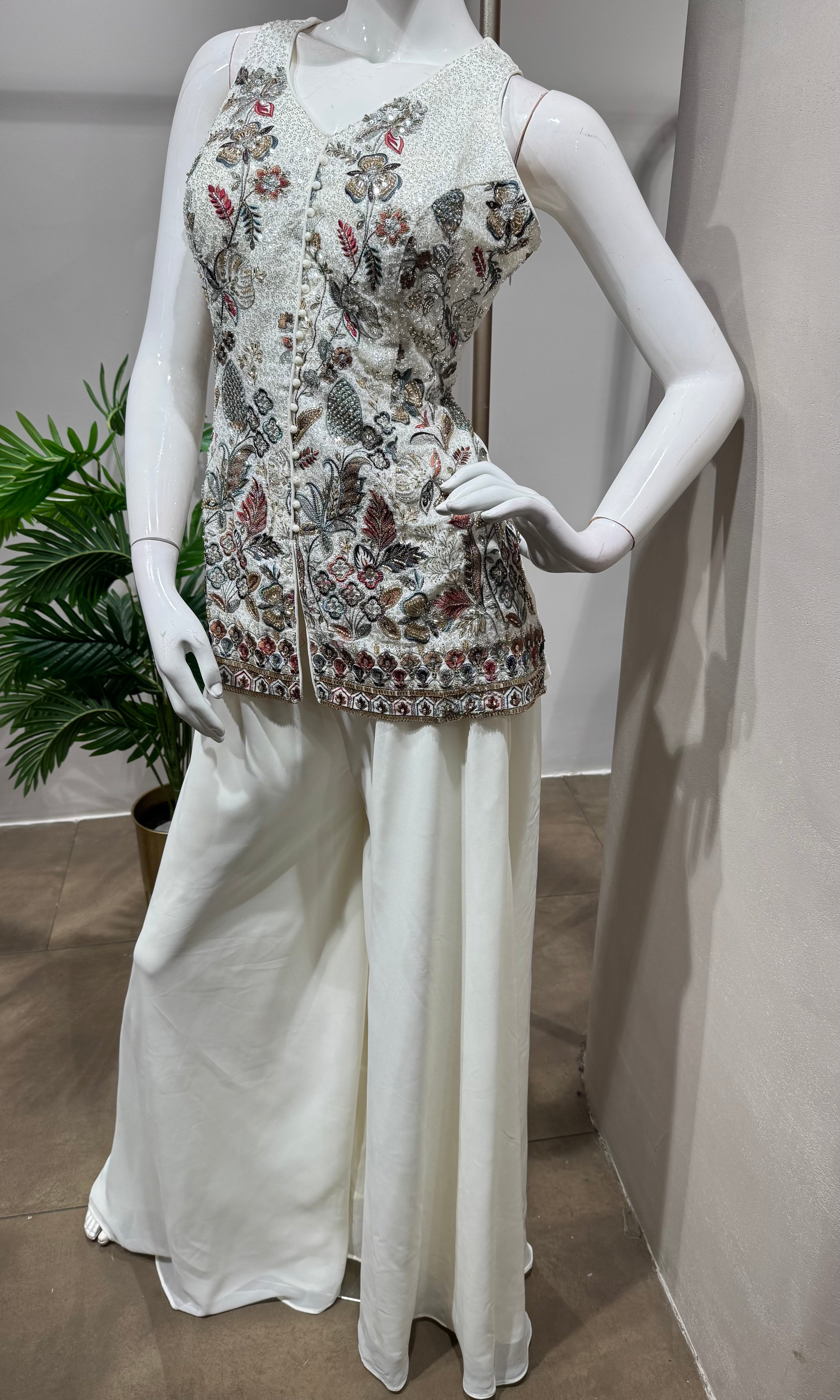 white embroidered kurti with palazzo set
