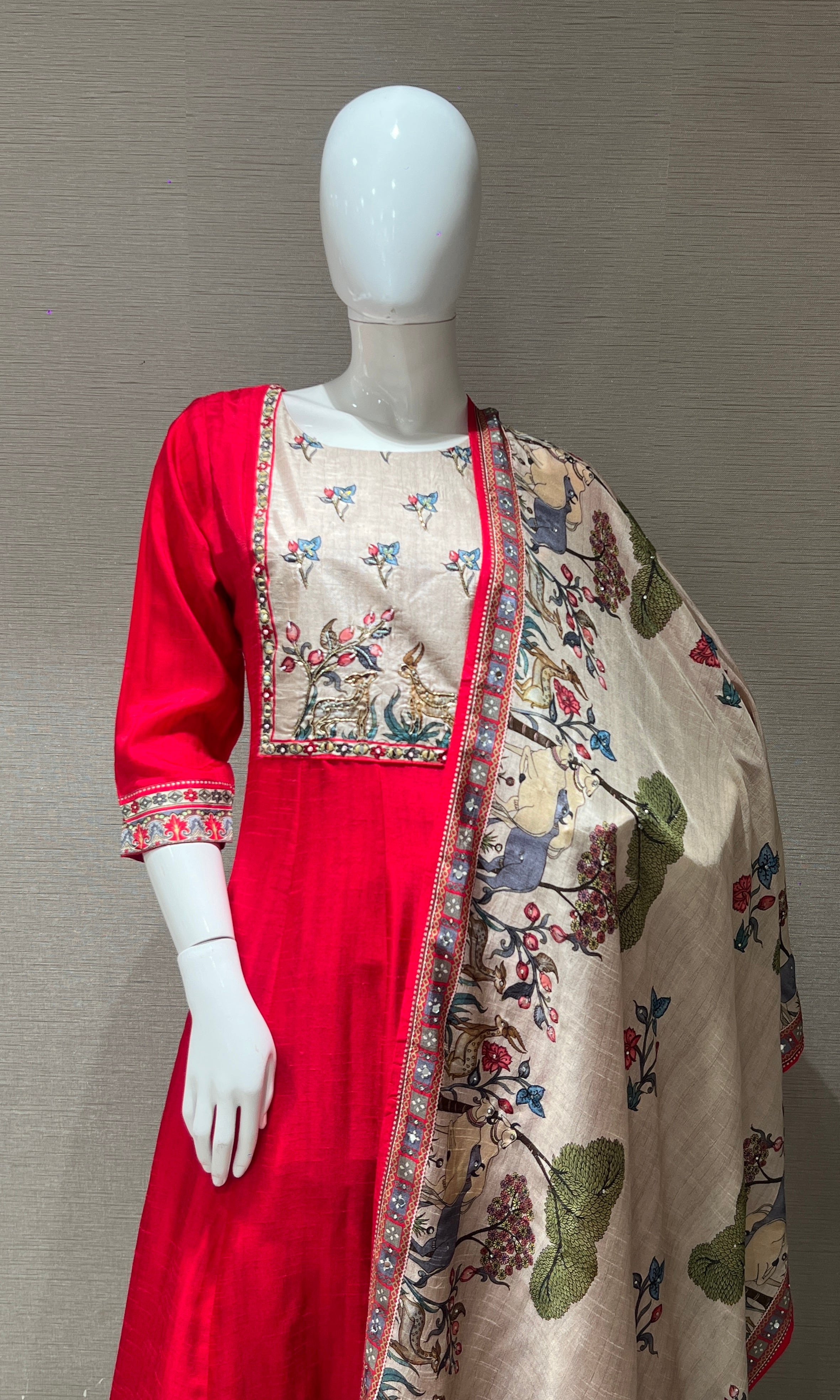 Red Kurta Set with Printed Dupatta