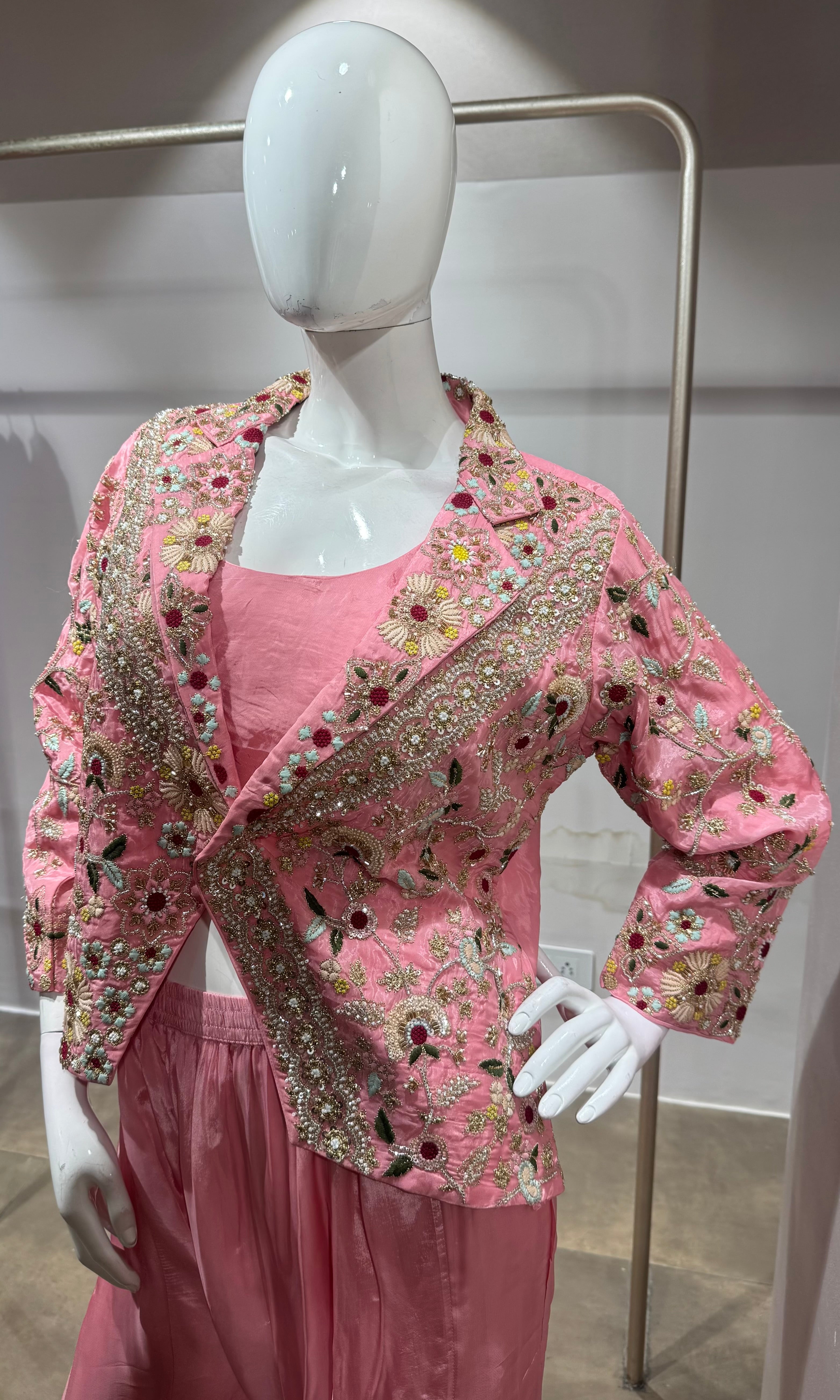 Pink Floral Embroidered Jacket palazzo Suit
