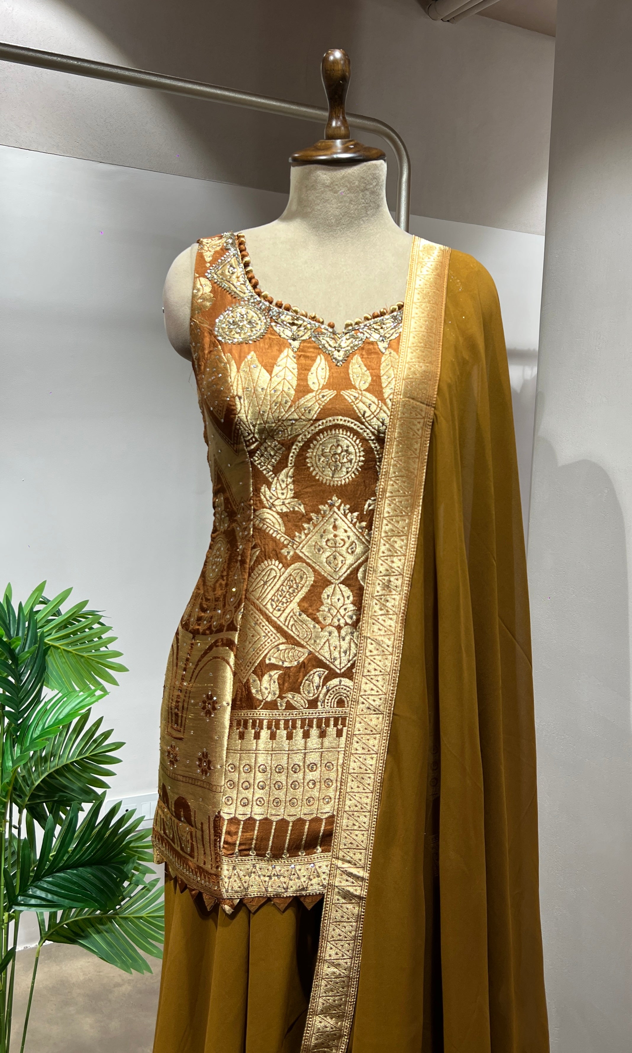 Light brown & Golden Embroidered Sharara Set