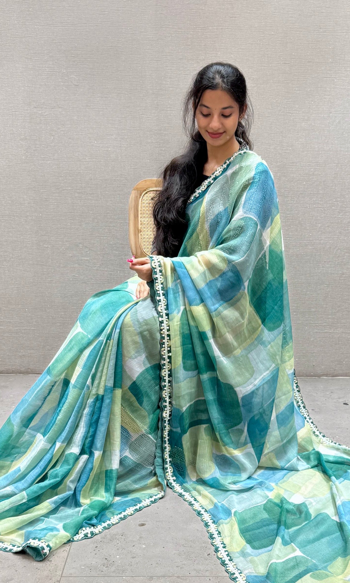 Green and blue Crushed Georgette saree with ready blouse
