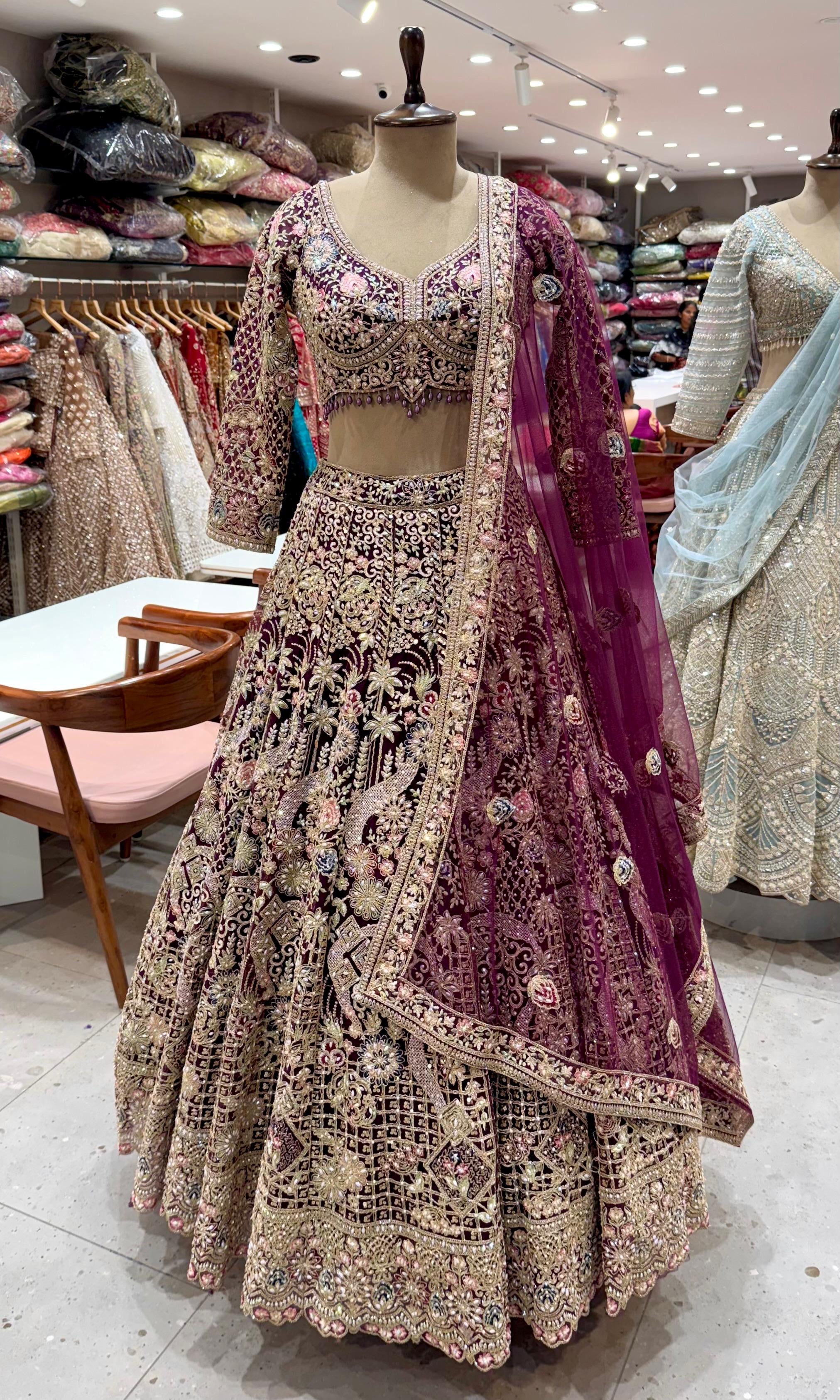Purple Floral & Grid Embellishments LEHENGA