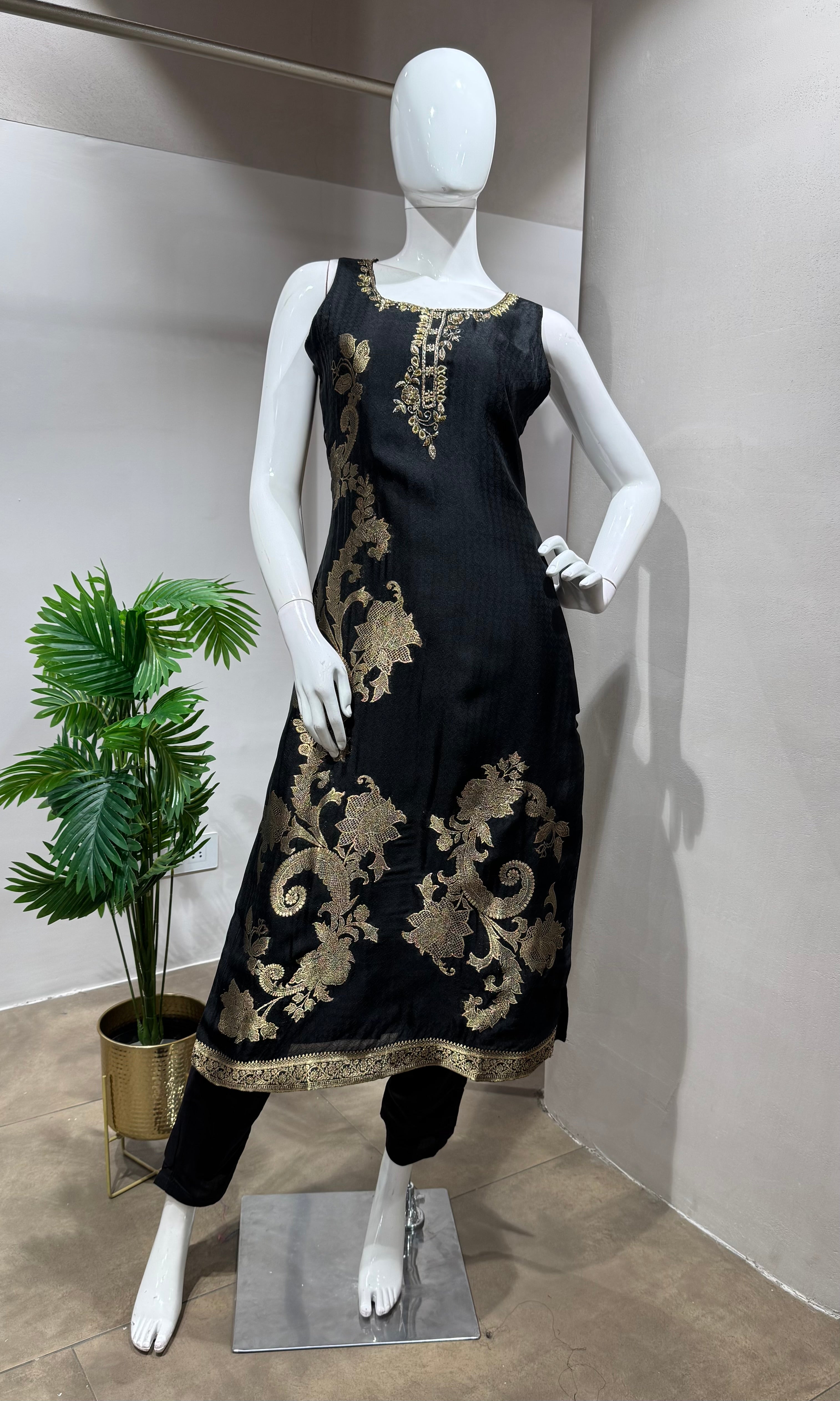 Black Silk Embroidered Straight Cut KURTA SET