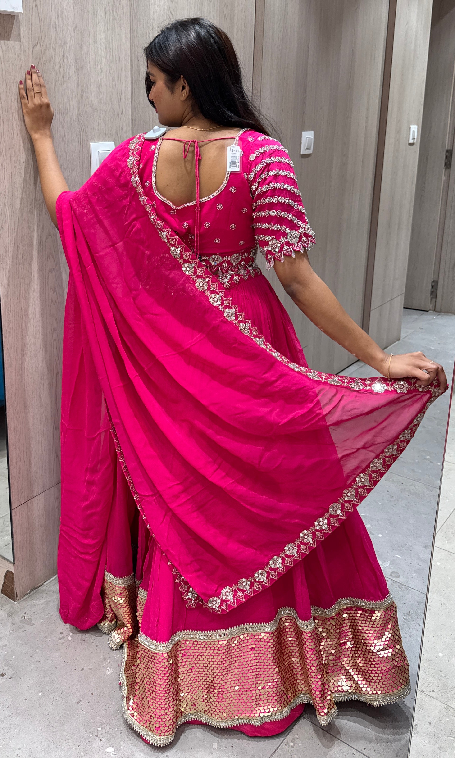 Pink georgette lehenga with gold embroidery