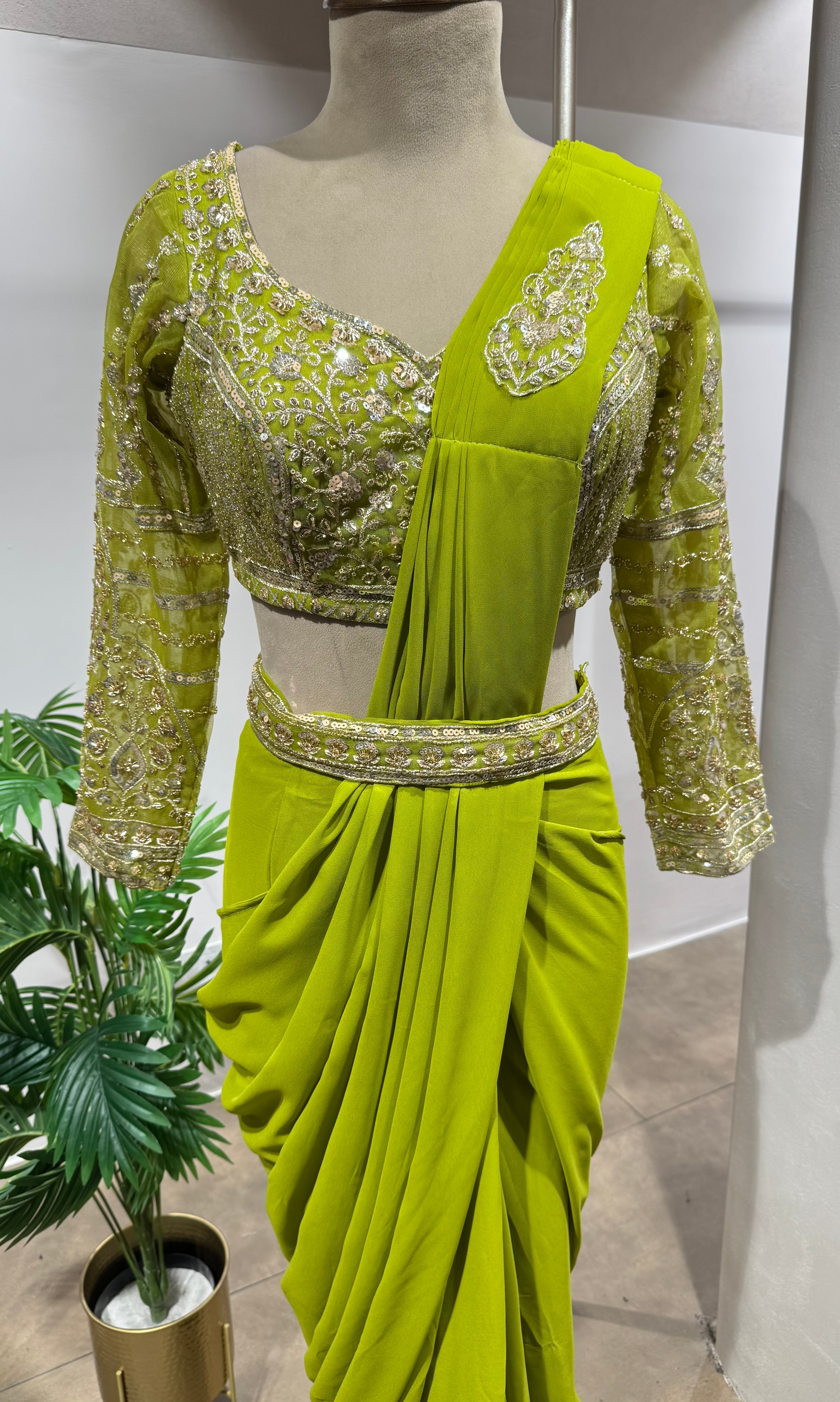 Lime Green Drape Saree WITH BLOUSE & BELT