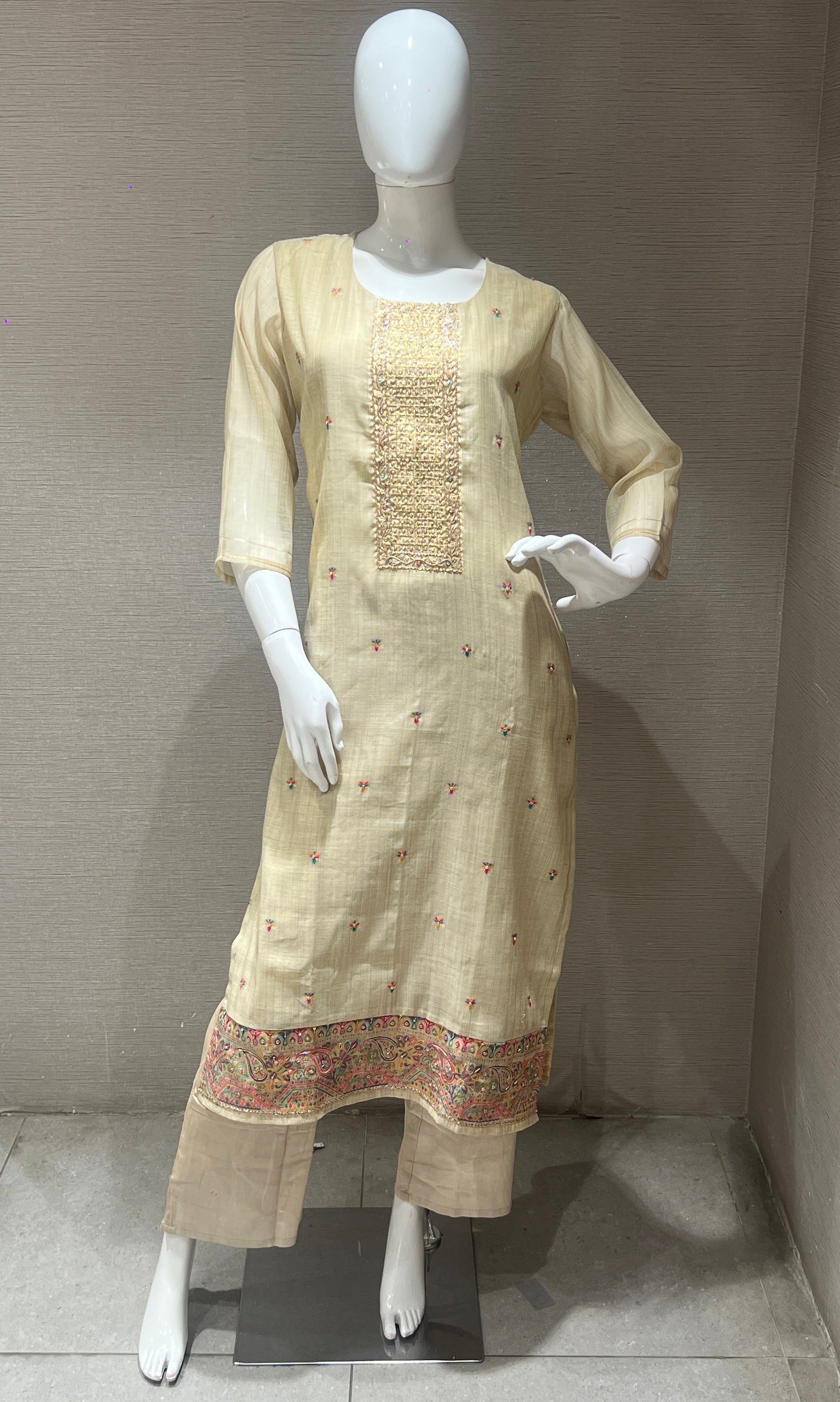 Cream Embroidered Kurta Set with Floral Dupatta