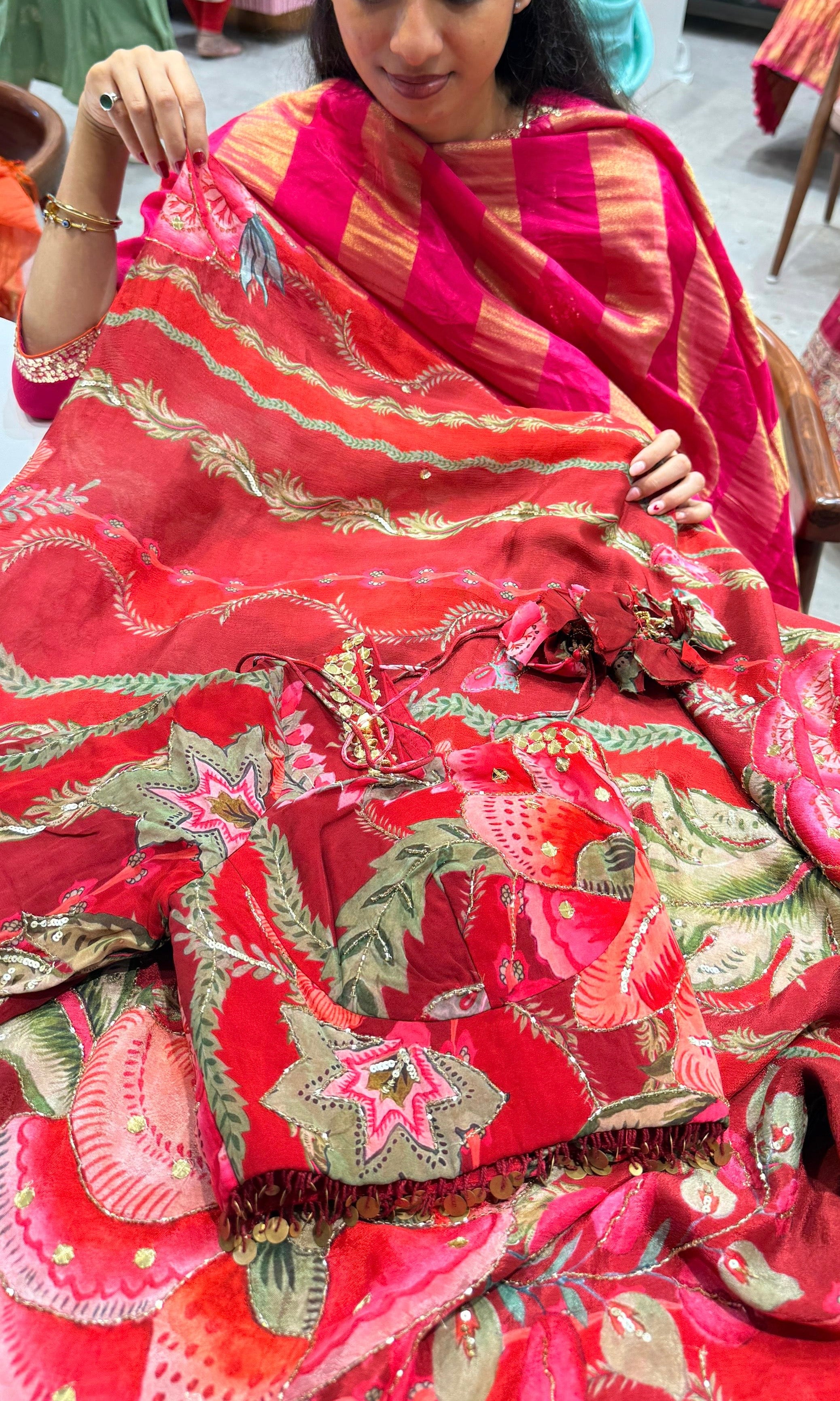 Red saree floral print with ready blouse