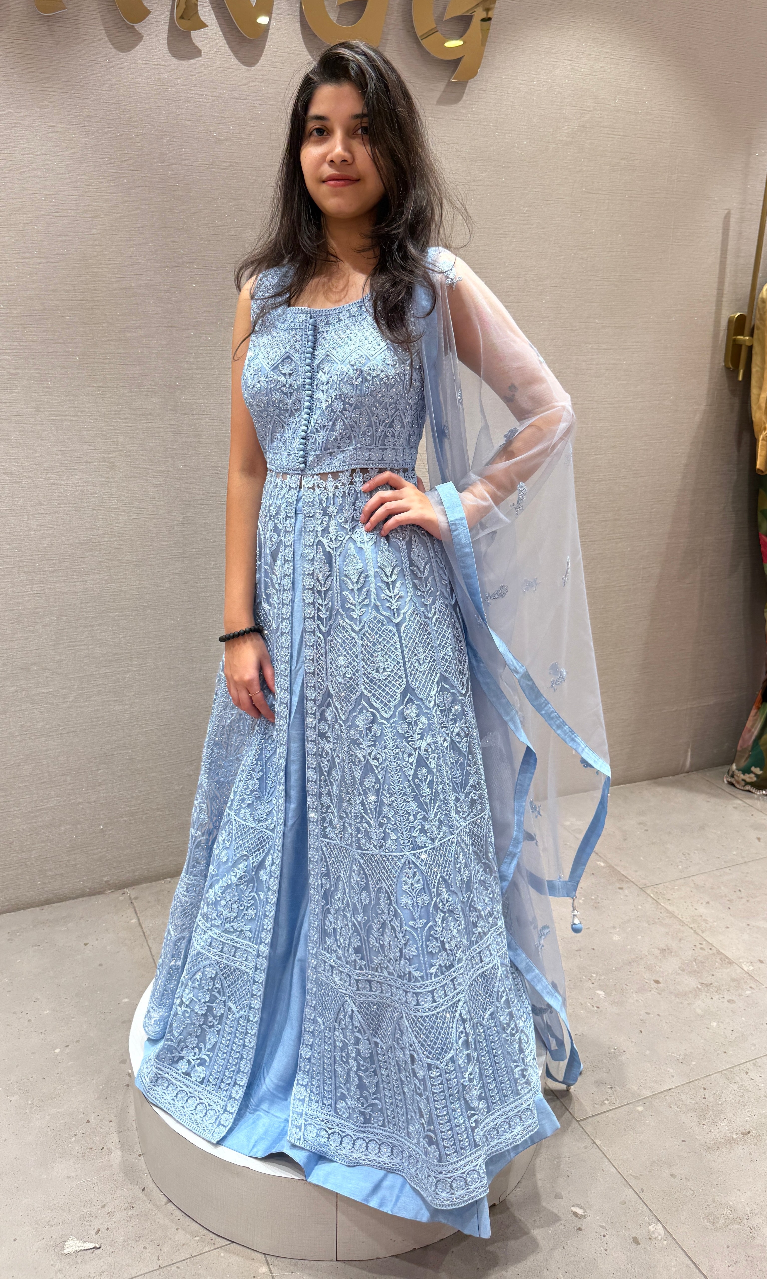 Sea blue EMBROIDERED front slit Anarkali