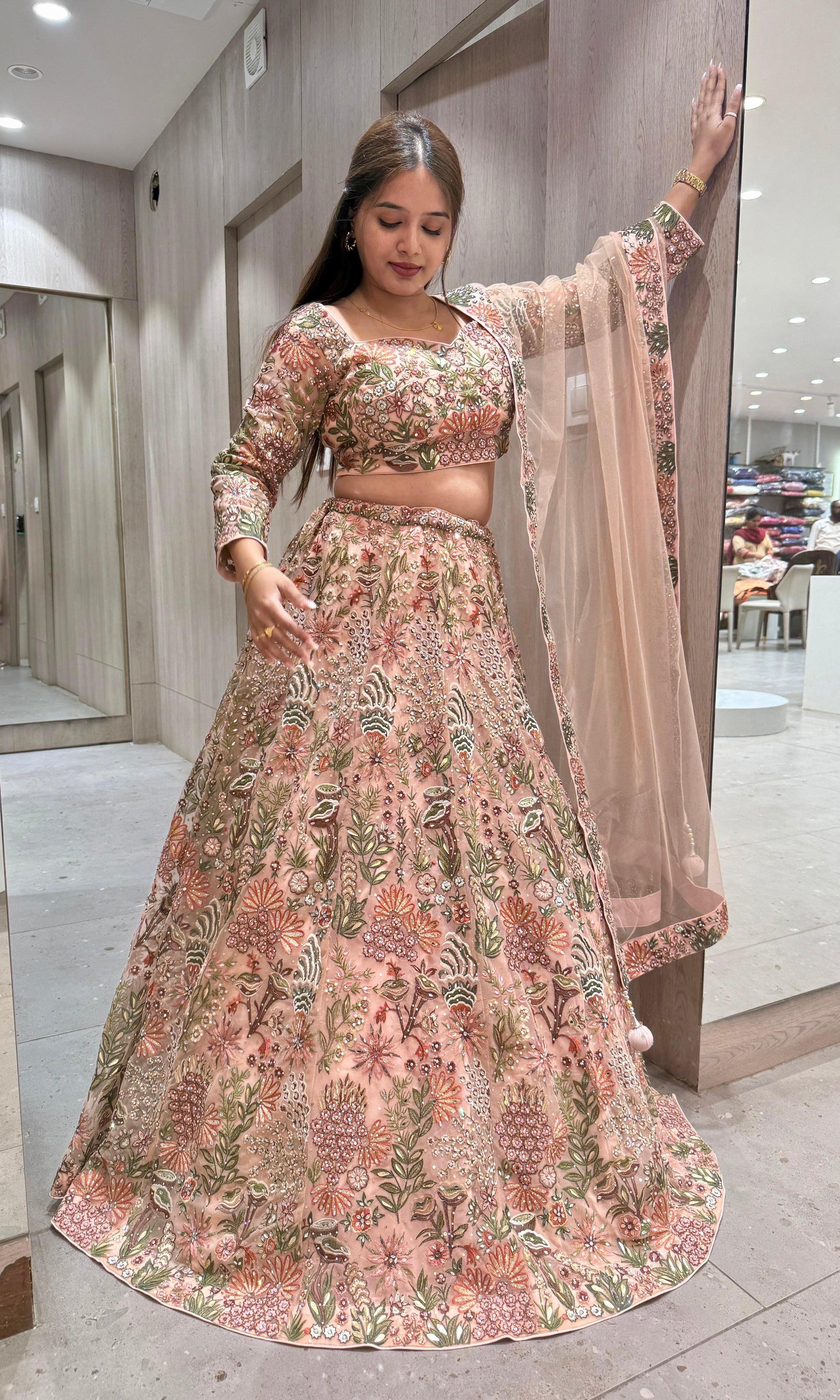 Peach Resham Multi-Thread & Floral Embroidery Lehenga Set