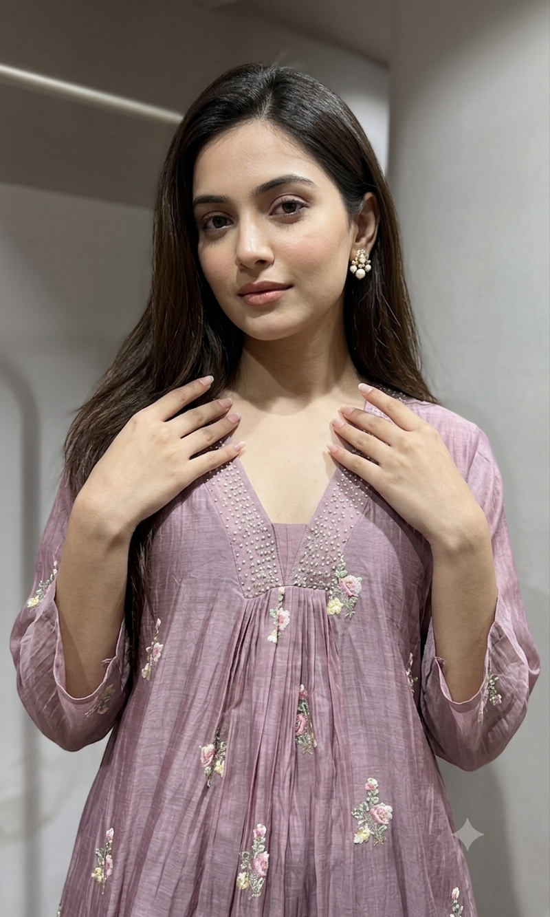 Onion Pink Flared Kurta Set with Dupatta