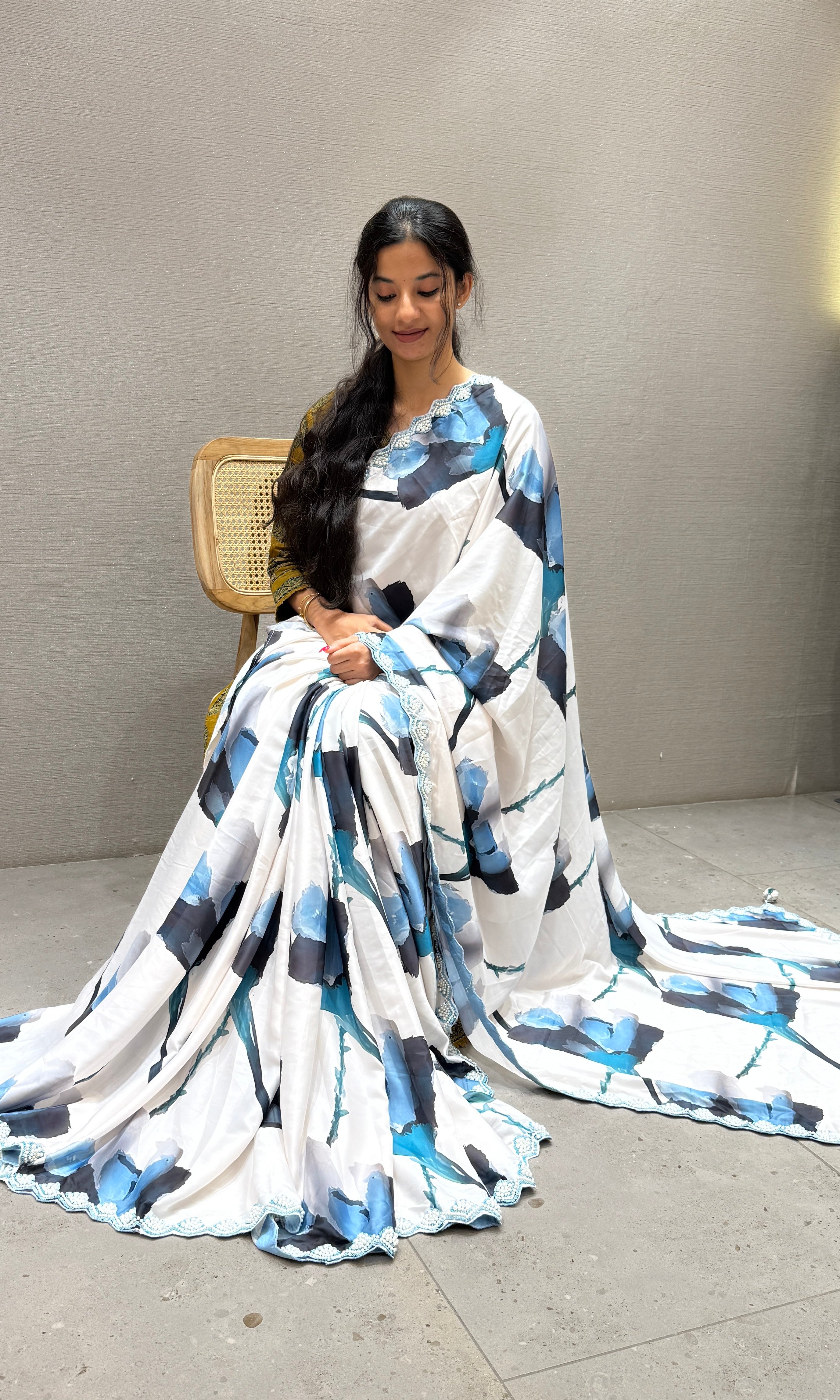 Sea blue and white digital printed satin silk saree with ready pearl work blouse