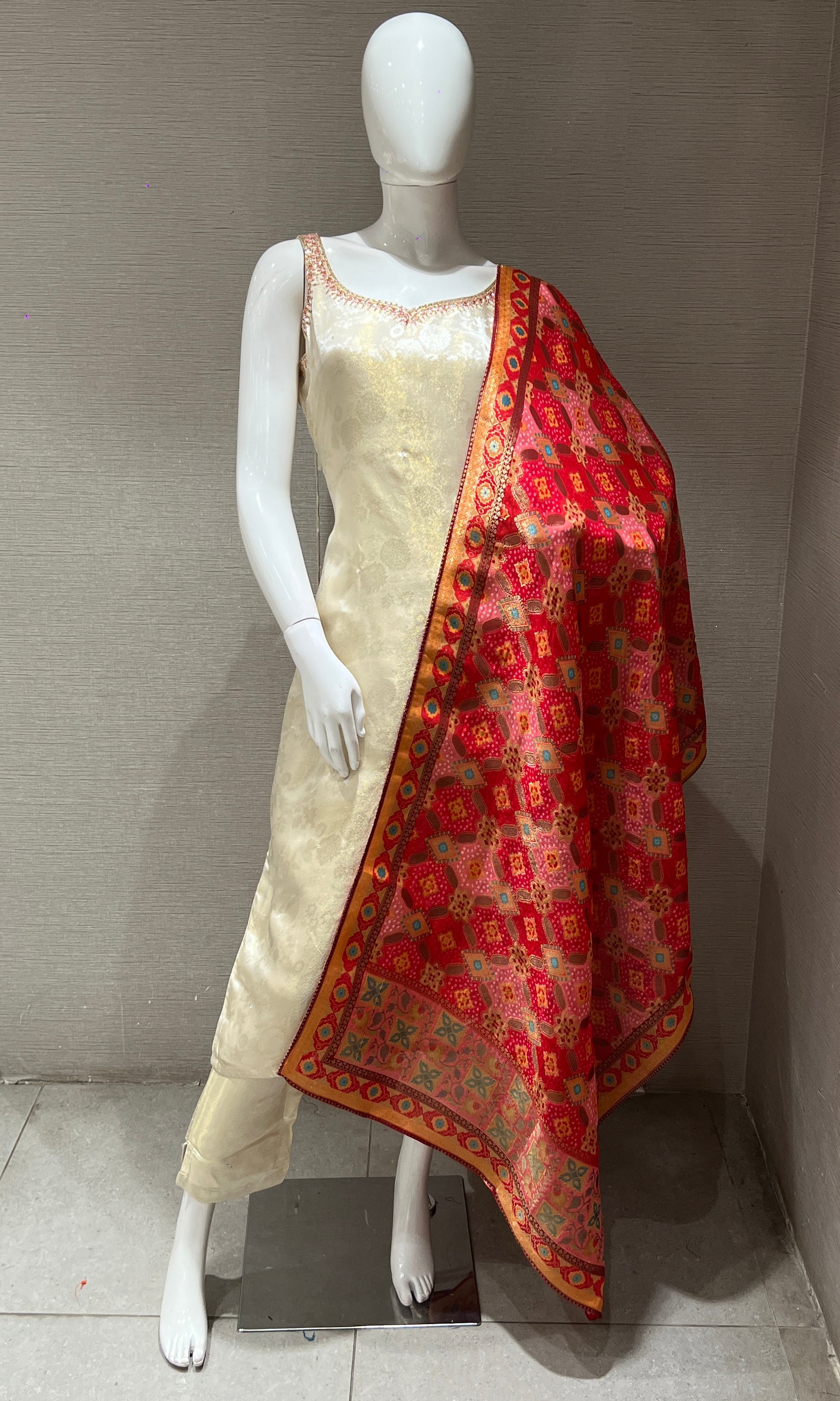 Cream kurta set with Red Banarasi Dupatta