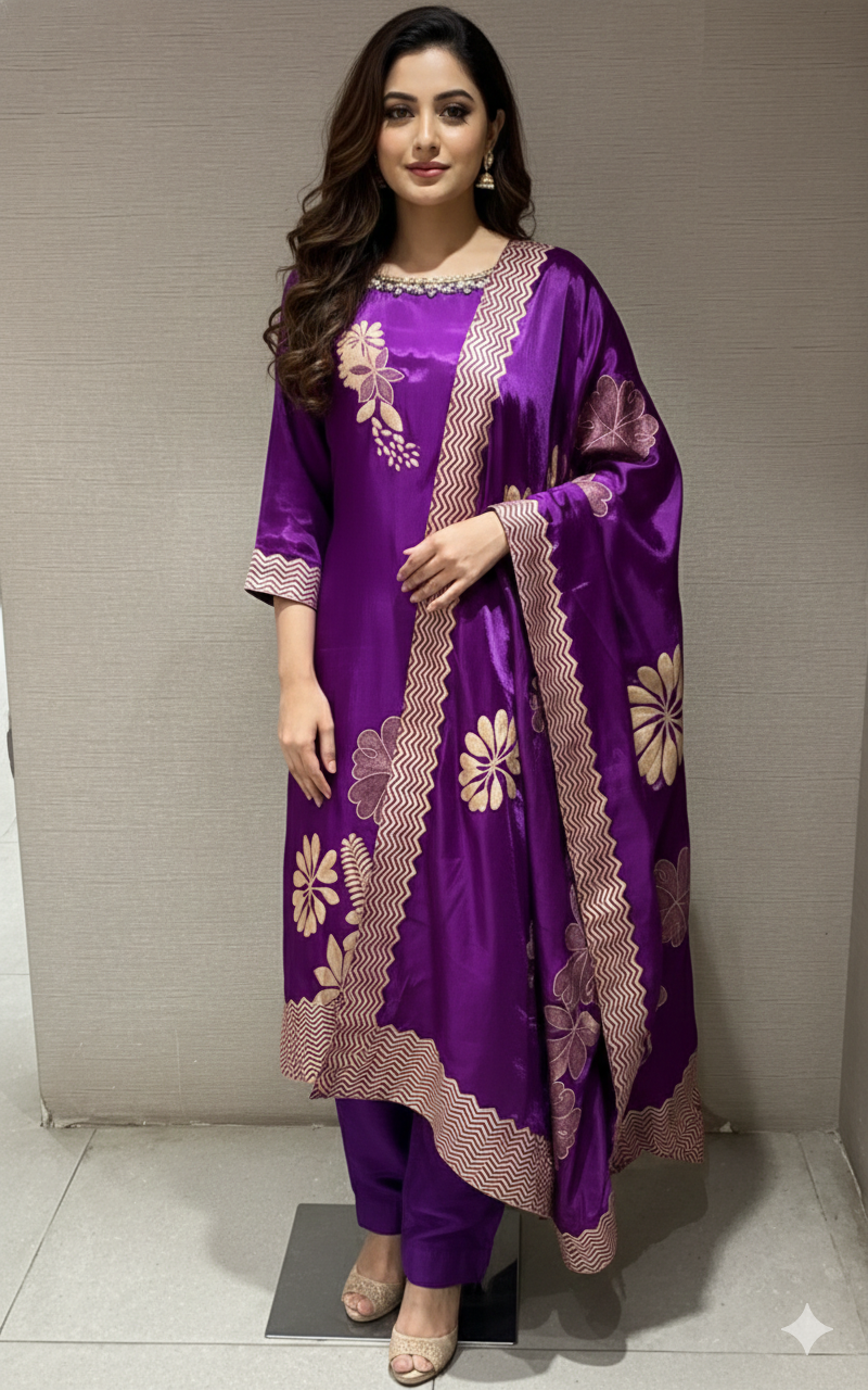 PURPLE Golden Embroidered KURTA SET