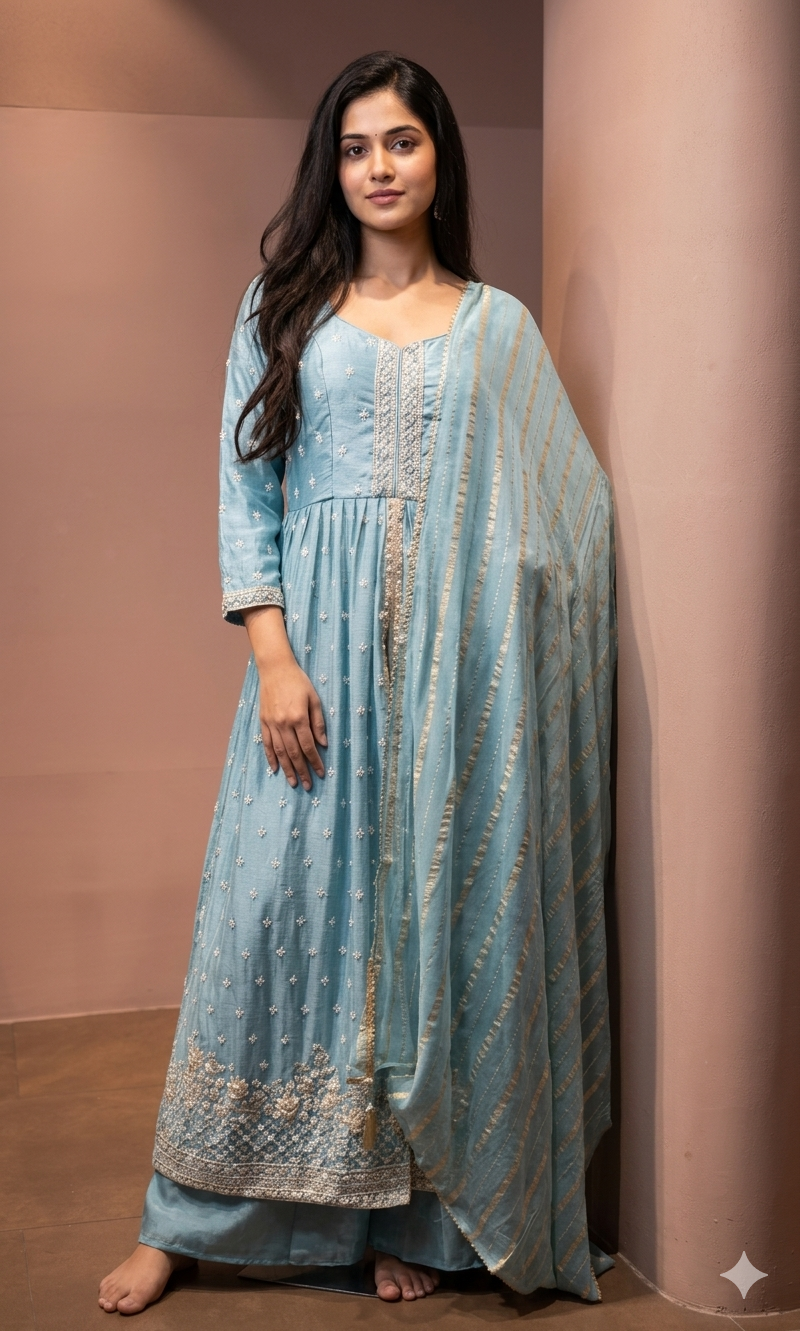 Light Blue Embroidered Anarkali Set