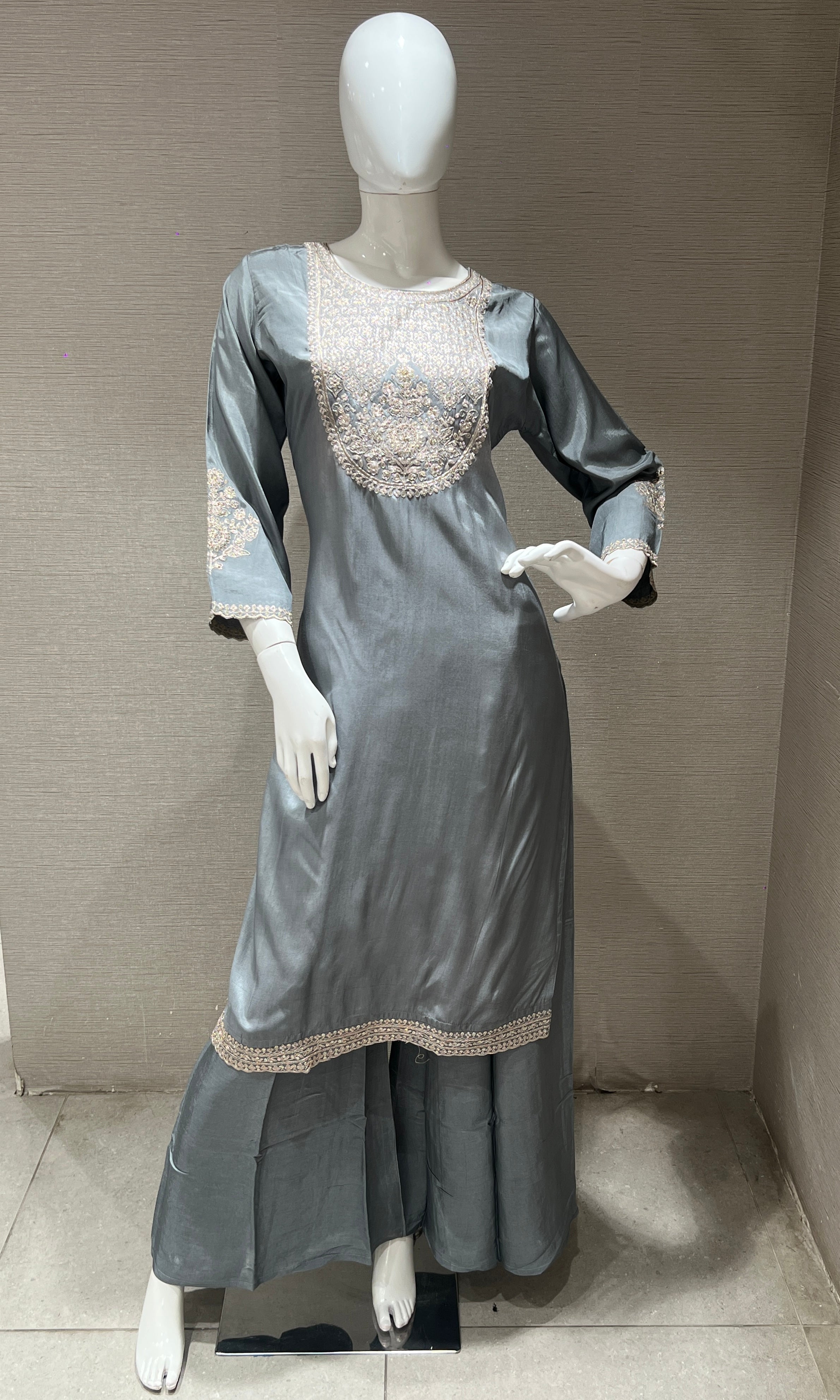 Grey Embroidered Kurta Set with Red Dupatta