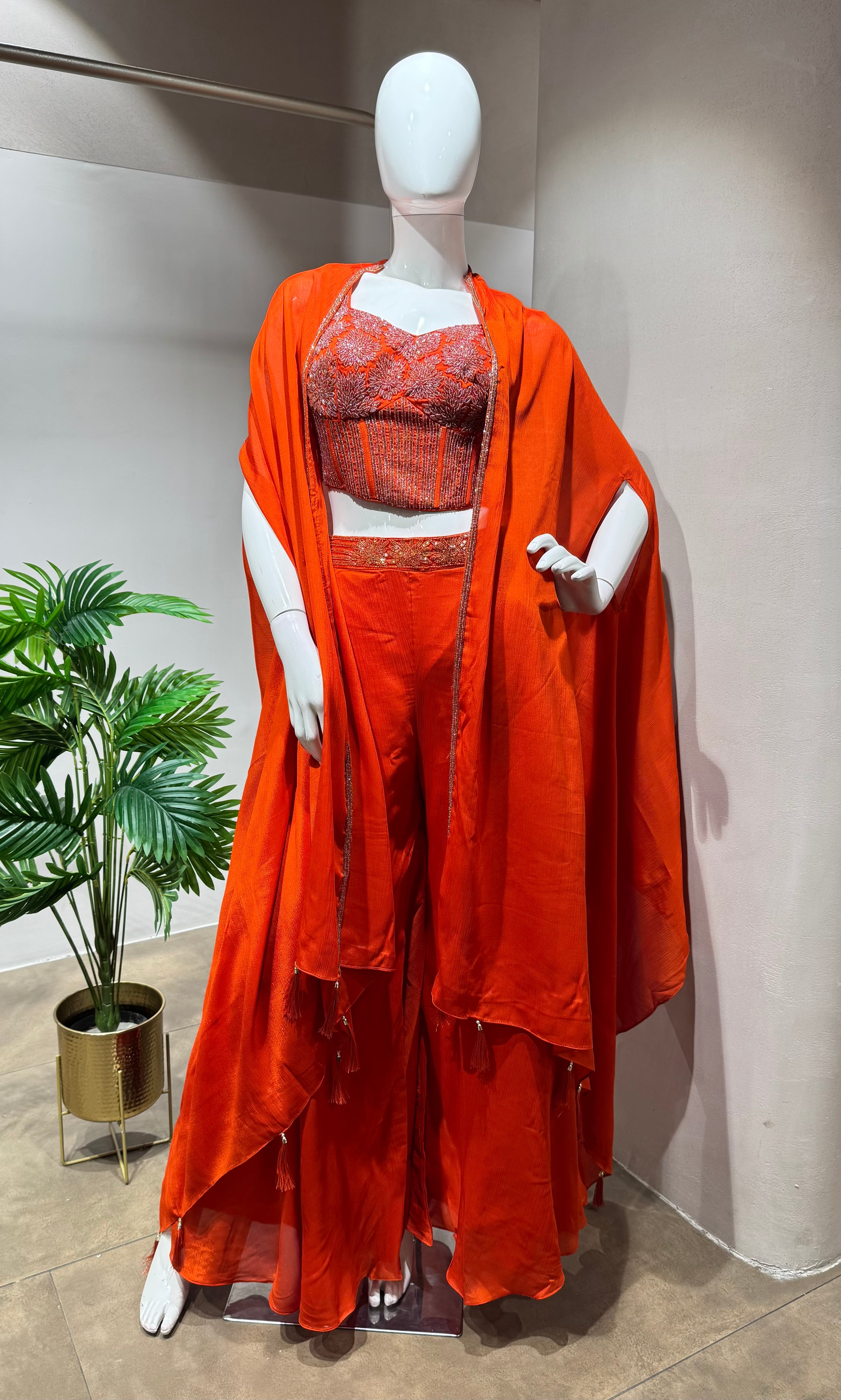 Rust orange crop top palazzo with cape