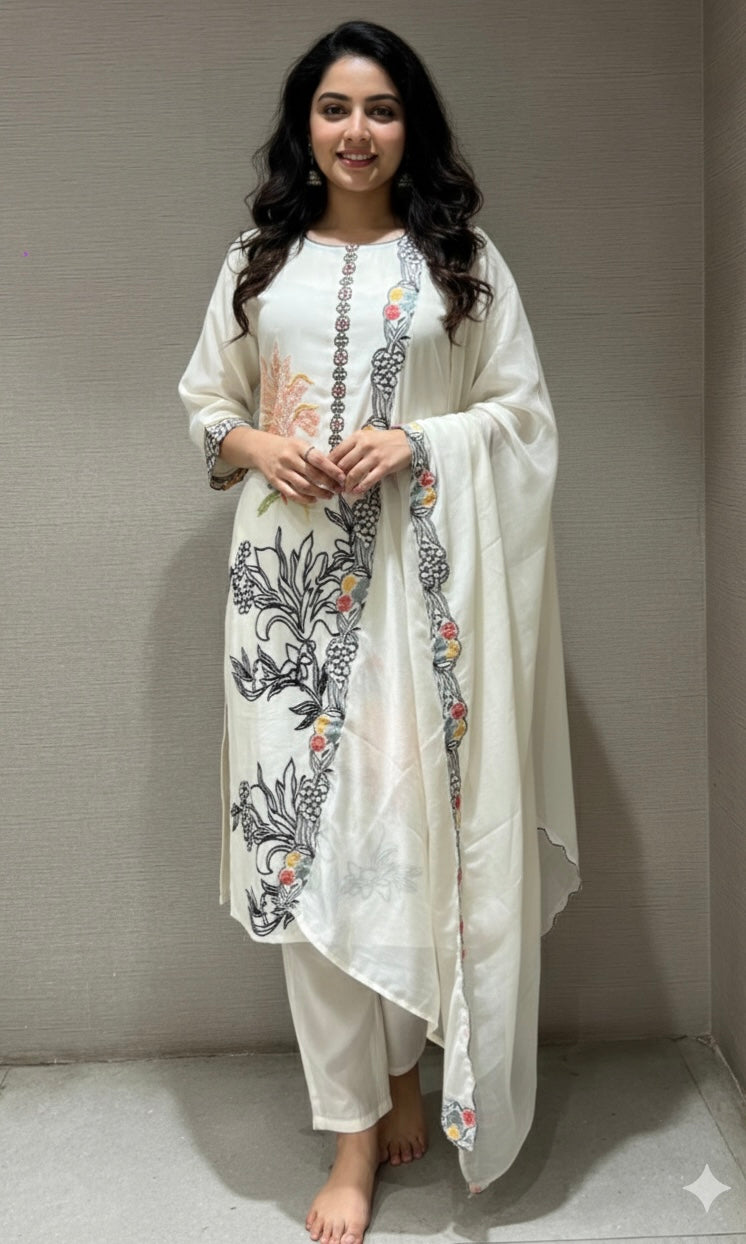 Cream mul chanderi floral kurta set