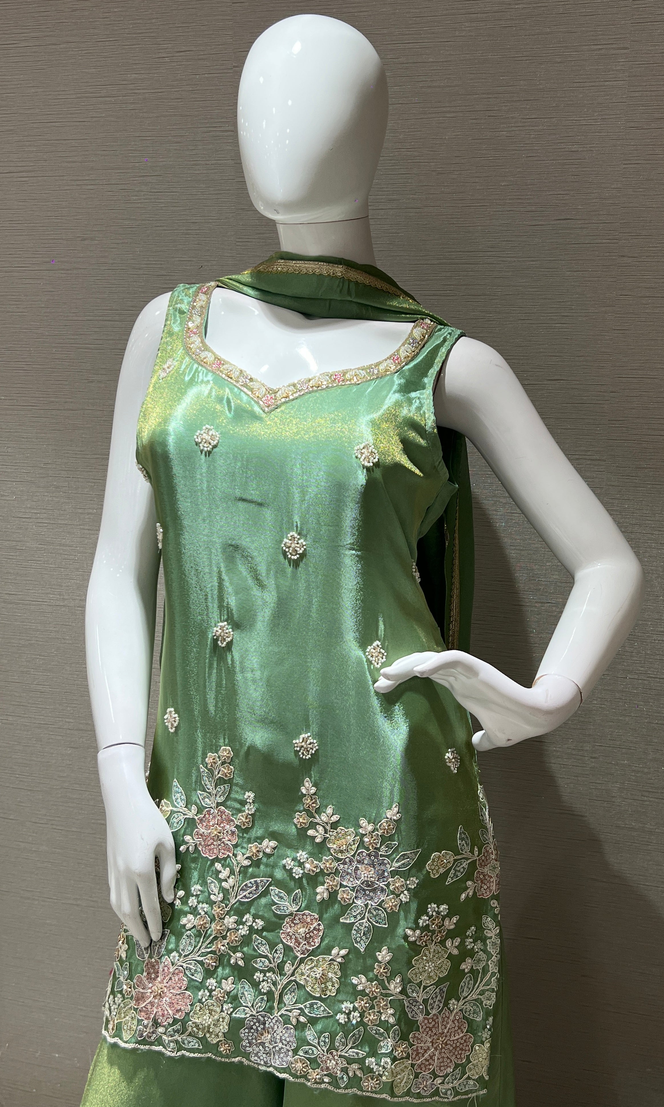 Light Green Floral Embroidered Palazoo