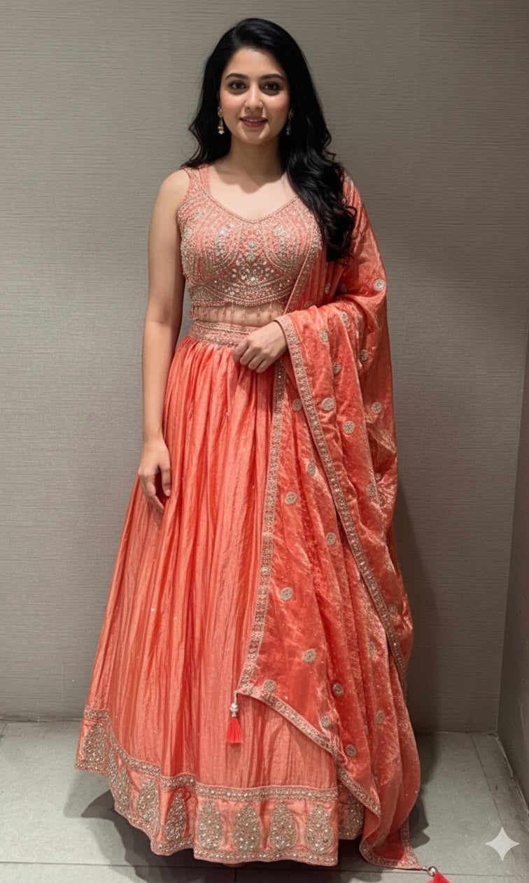 Peach embroidered silk Lehenga