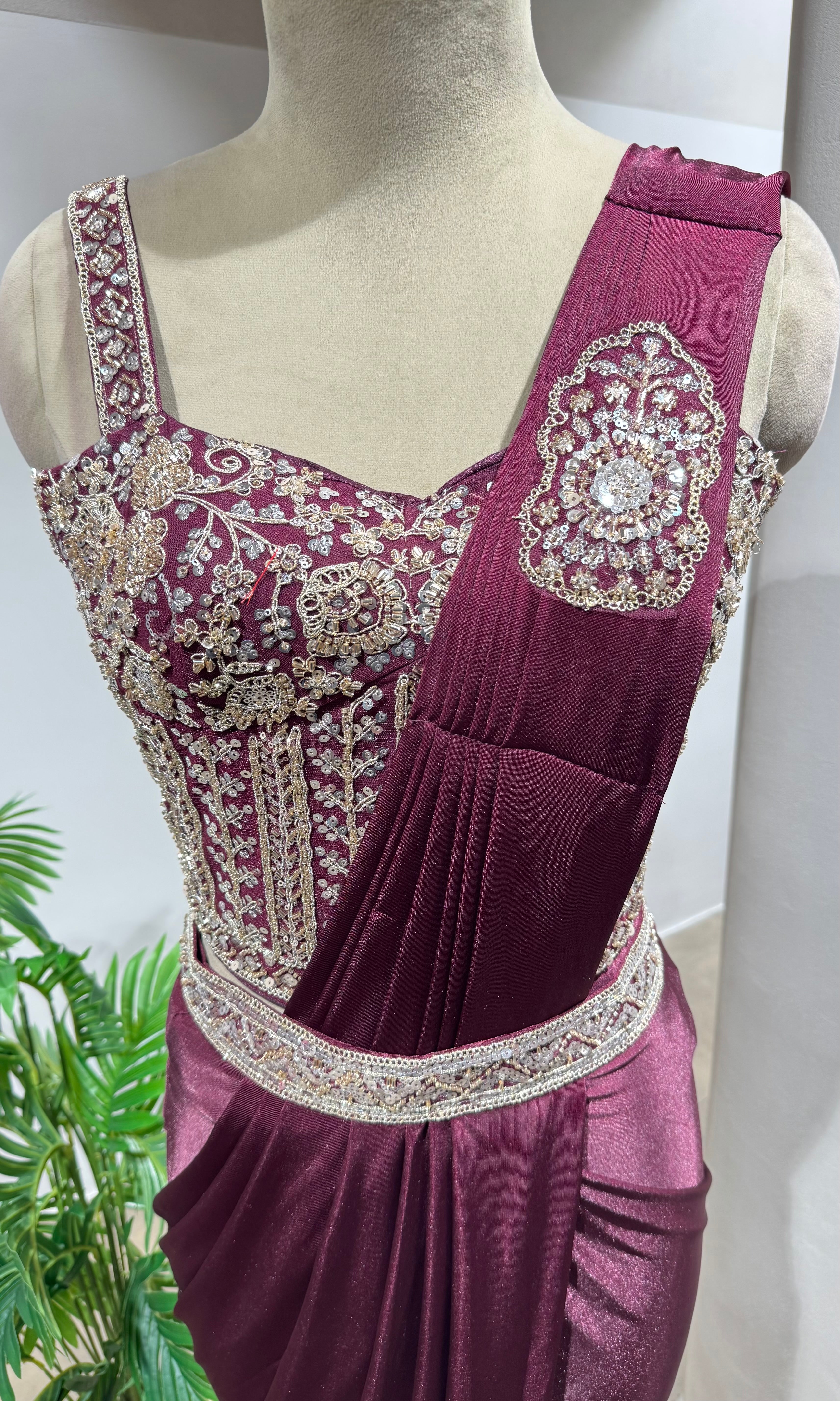 WINE CORSET DRAPED SAREE WITH BELT