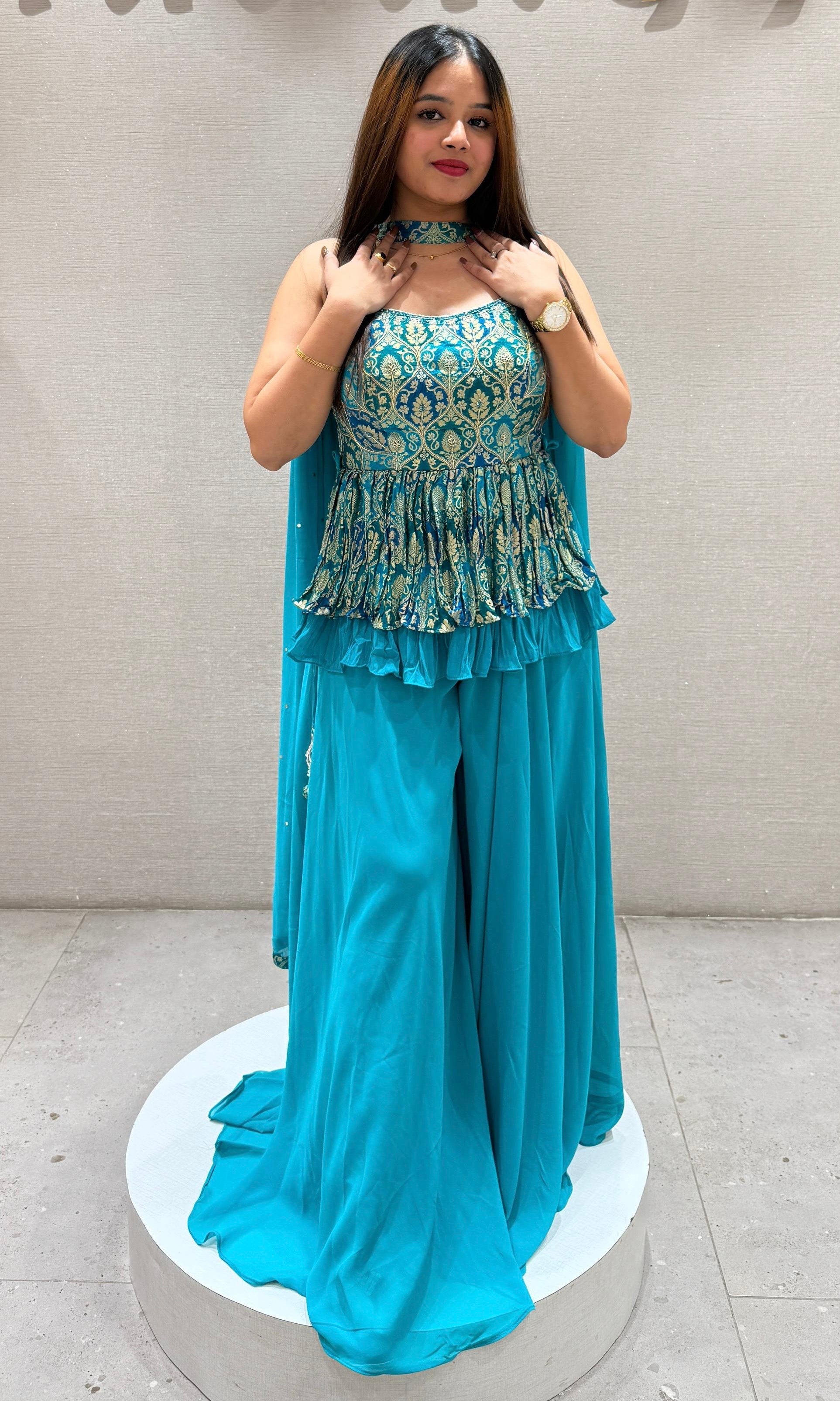 Blue palazzo set with peplum top