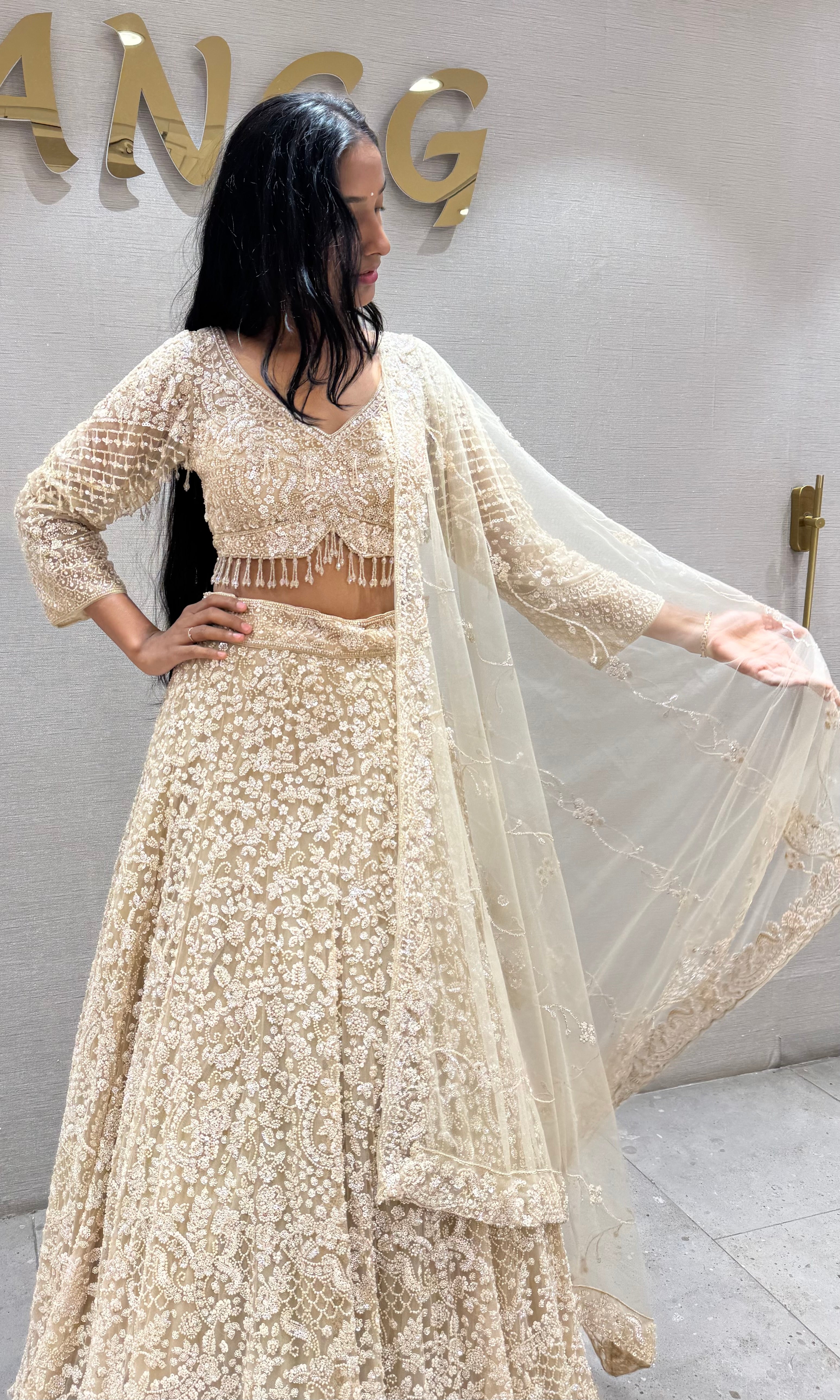 Ivory Net Sequin Embroidered Lehenga Set