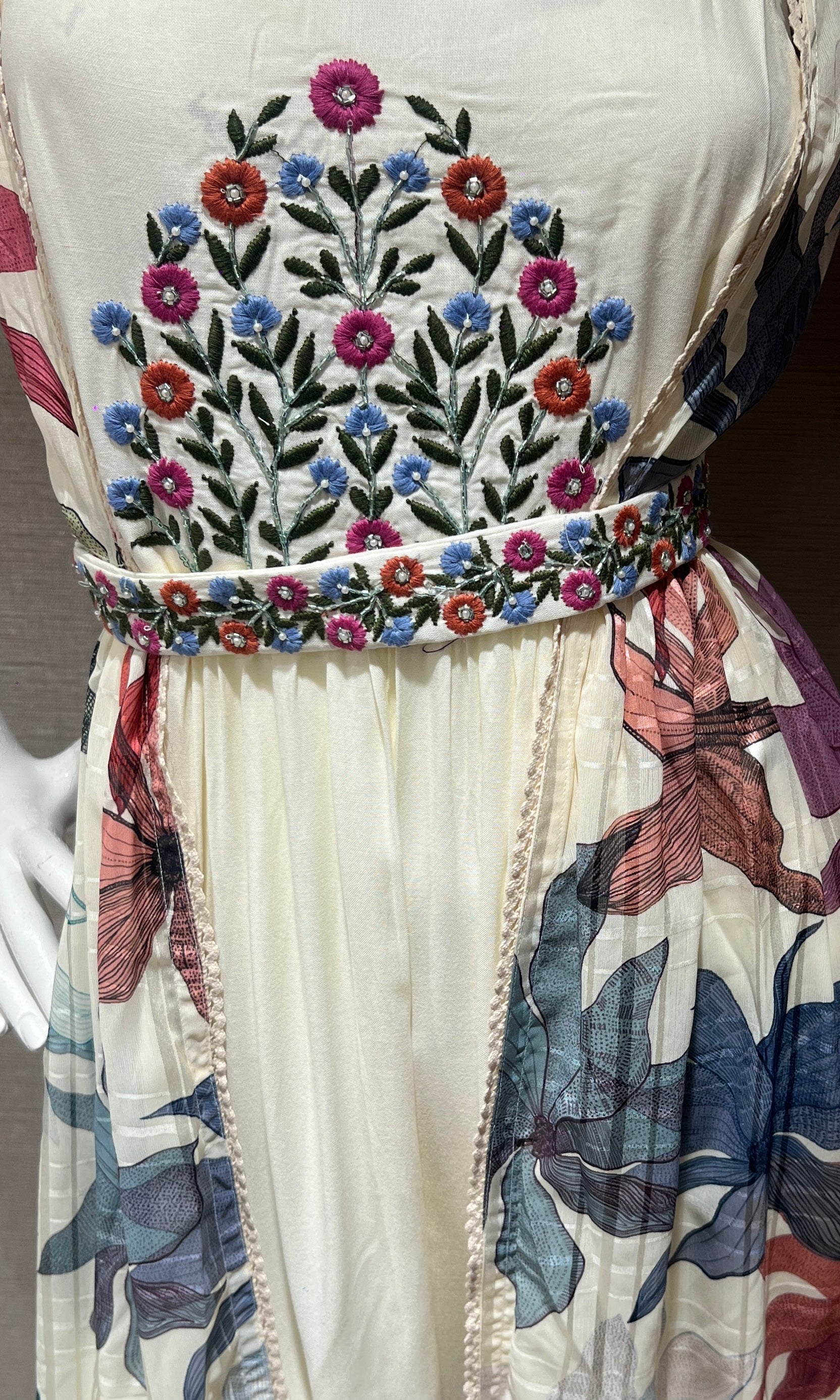 Cream Floral Print Festive Tiered Fusion frock