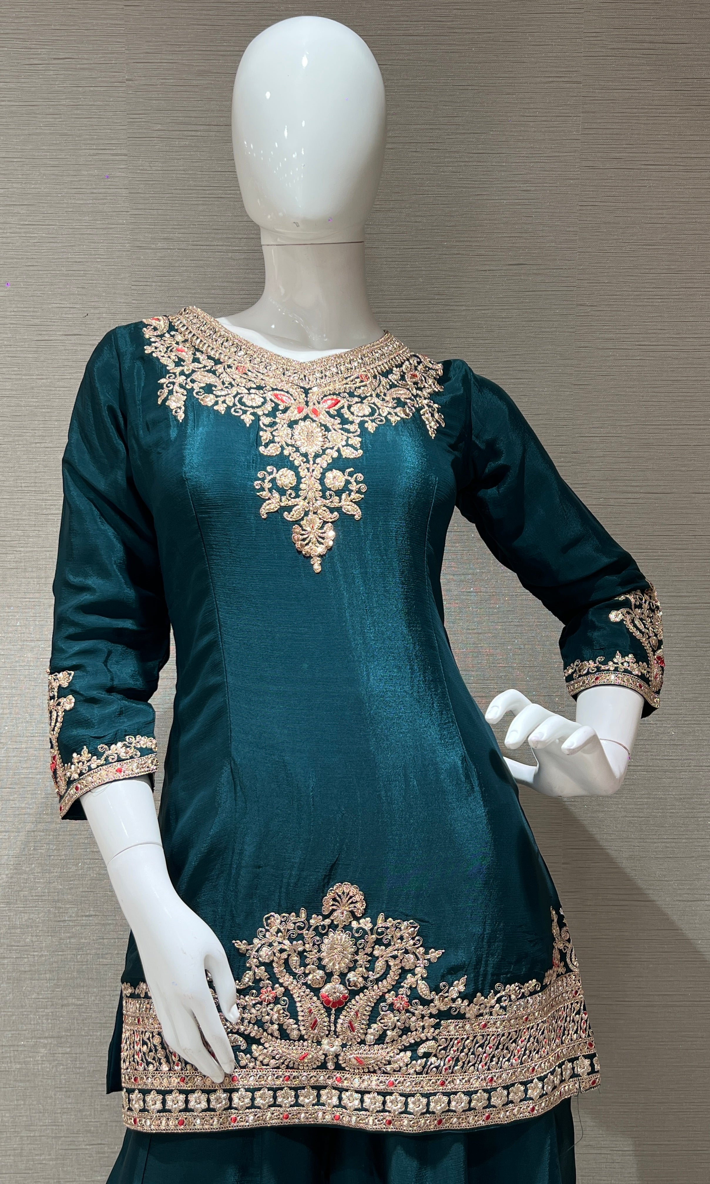 Bottle Green Embroidered Sharara Set