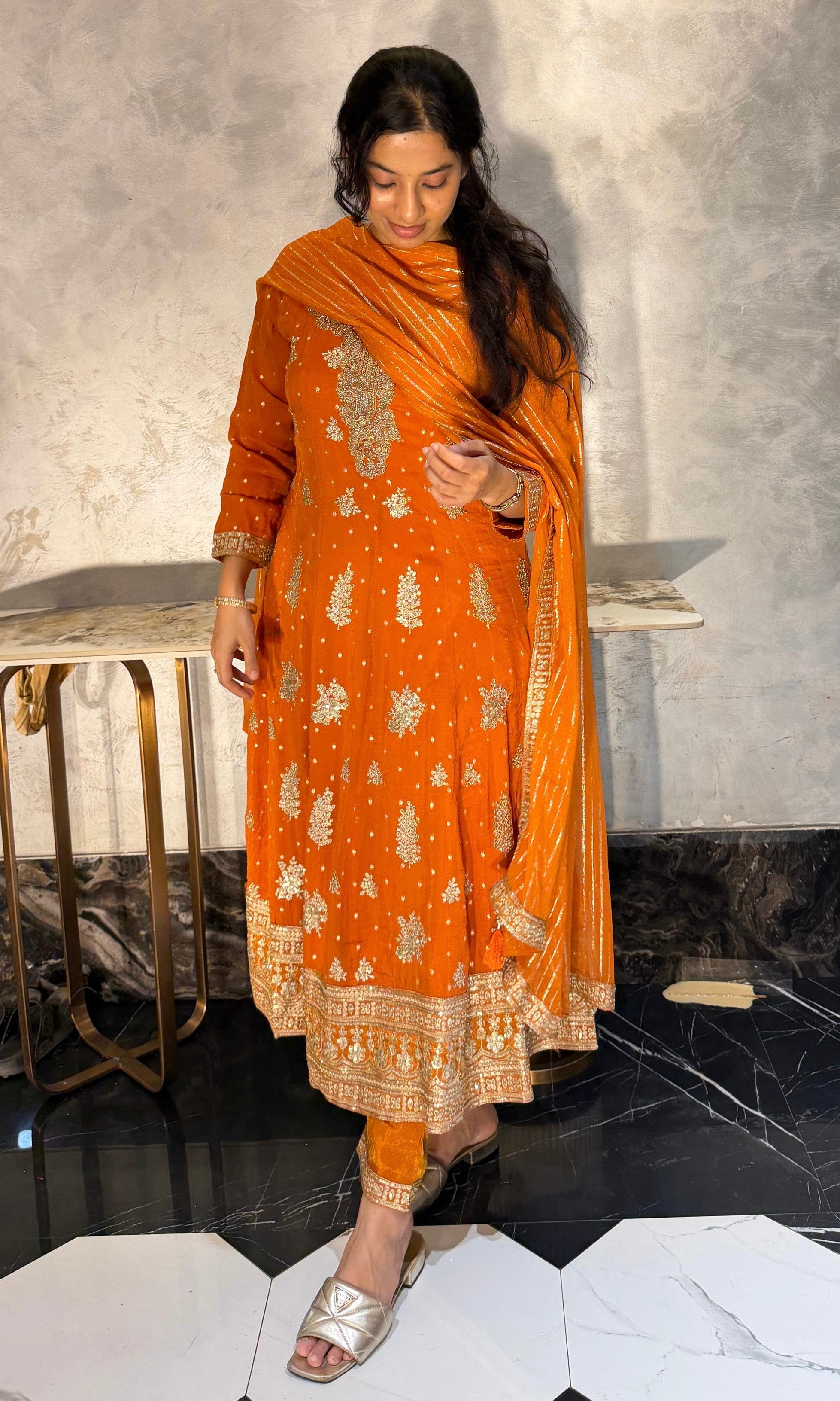 RUST Gold Embroidered Anarkali set