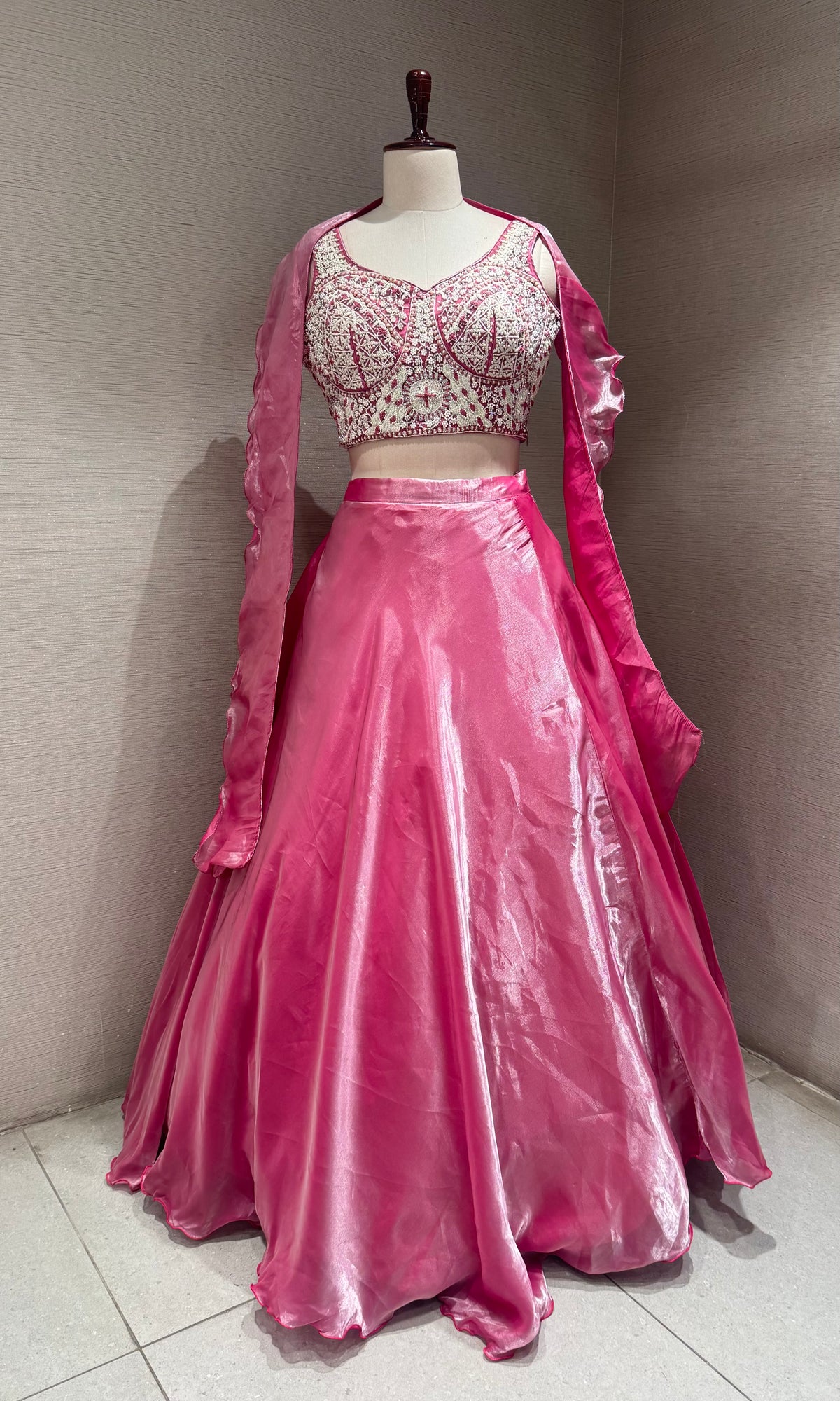 Fuchsia Pink Satin Floral Lehenga set with Sheer Cape Sleeves