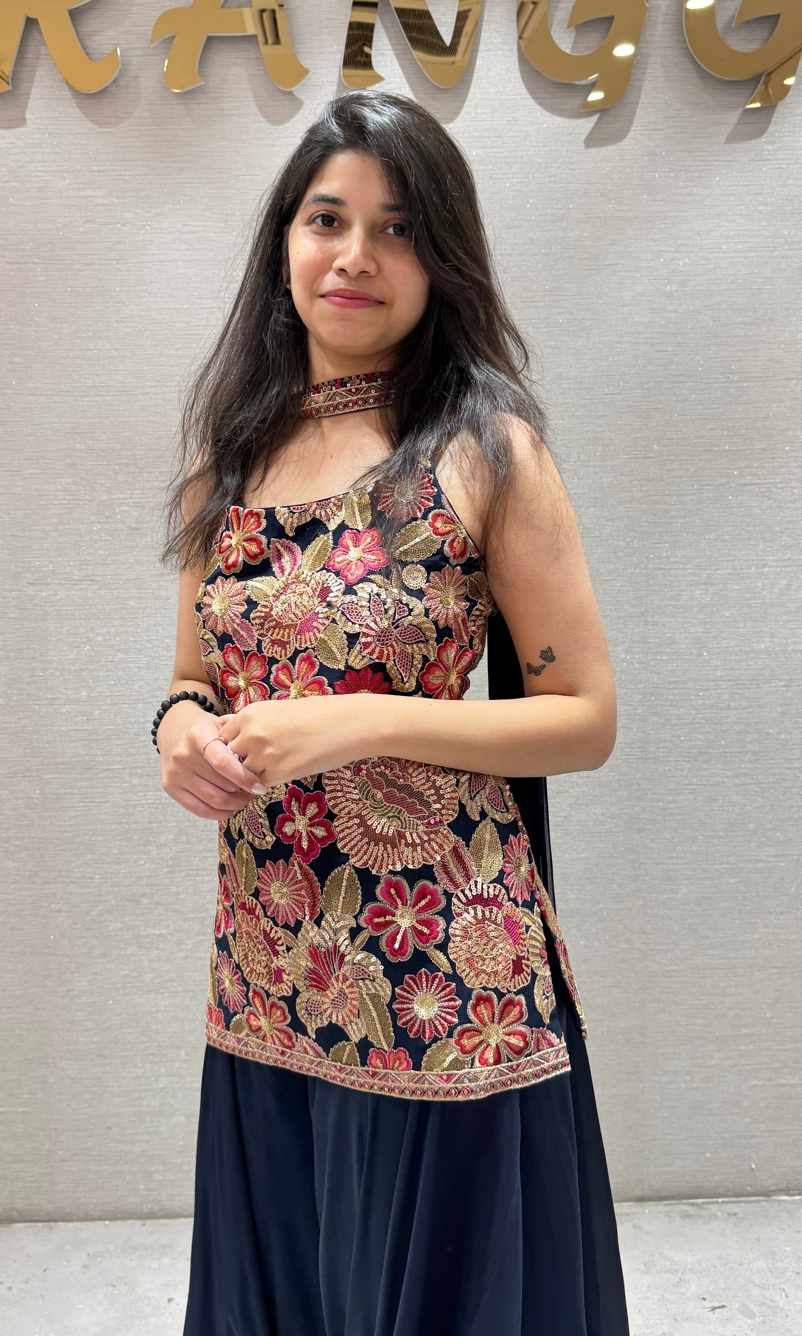 Navy blue FLORAL SHARARA SET