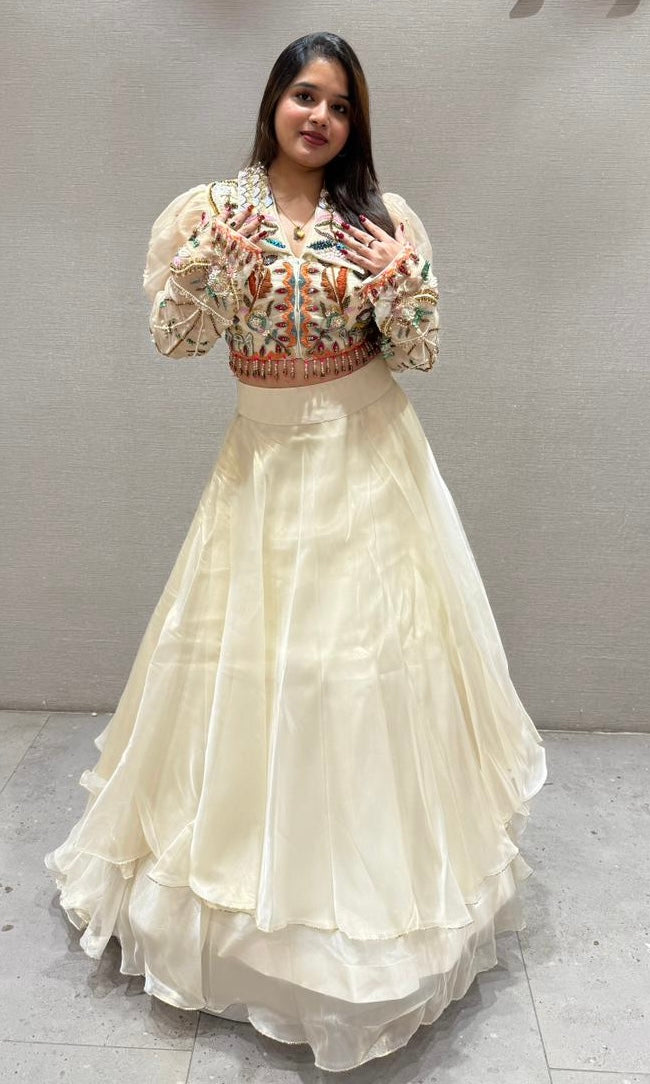 Pearl white cream gold lehenga with designer blouse