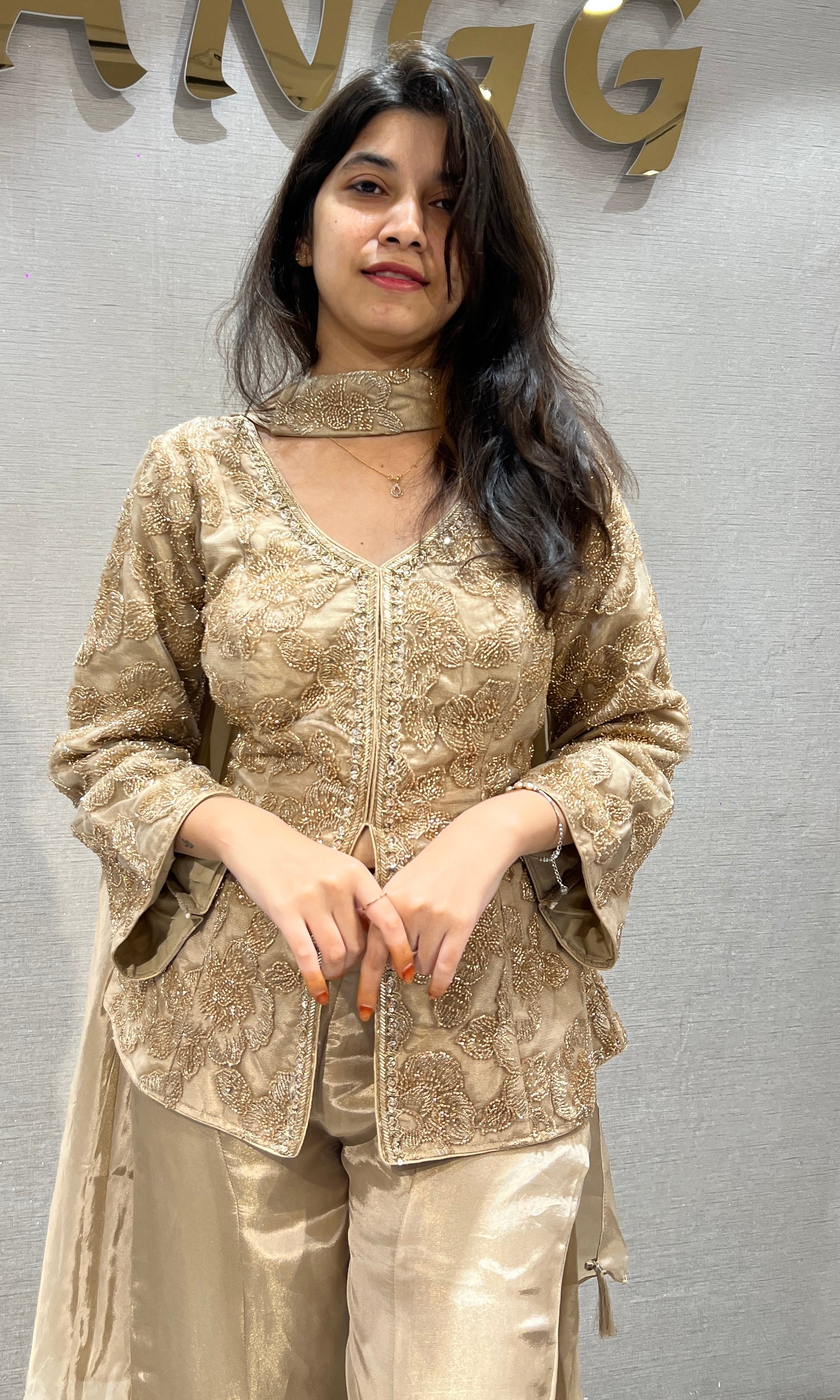 Beige and Gold Embroidered Palazzo set