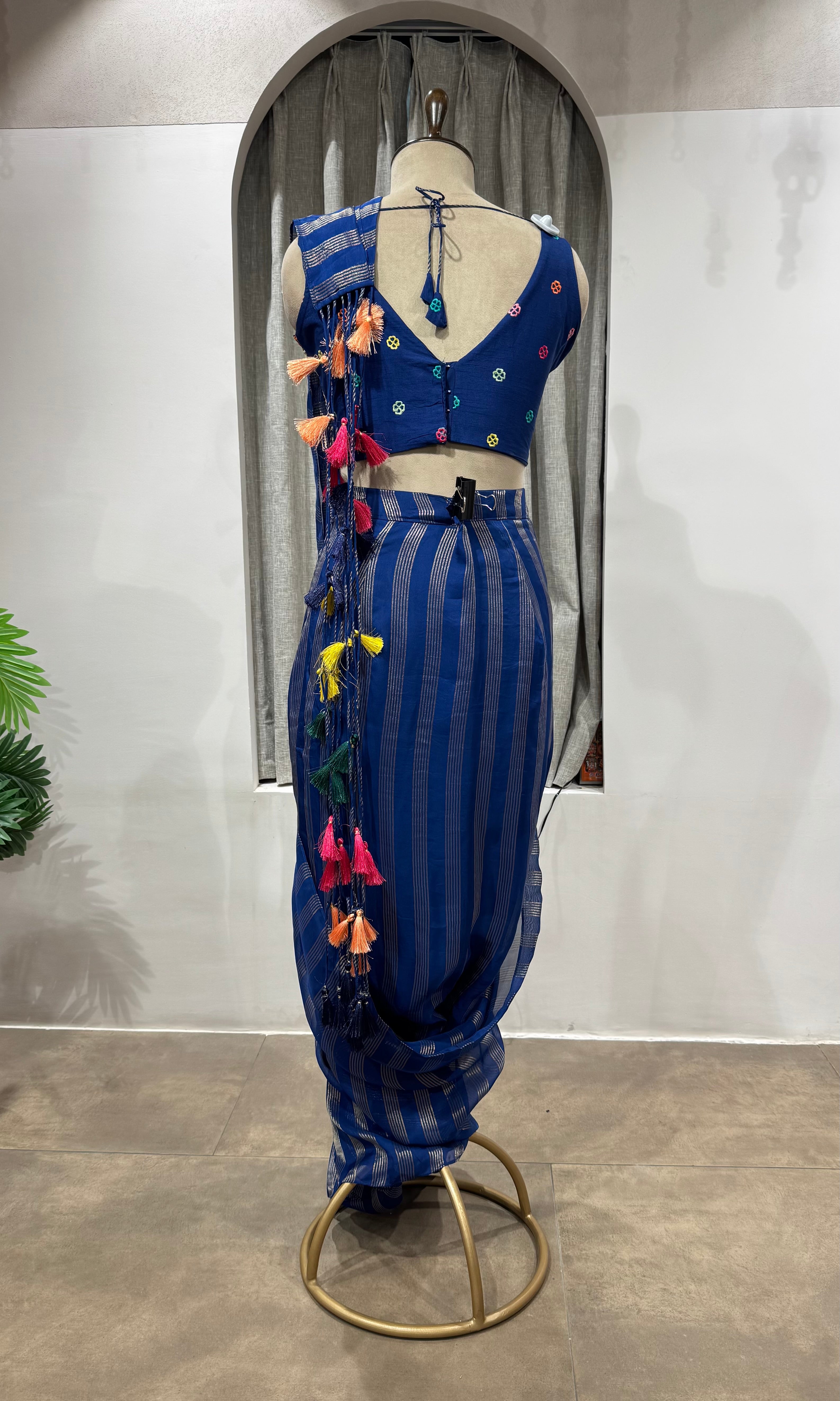 blue and silver striped Drape saree with intricate blouse